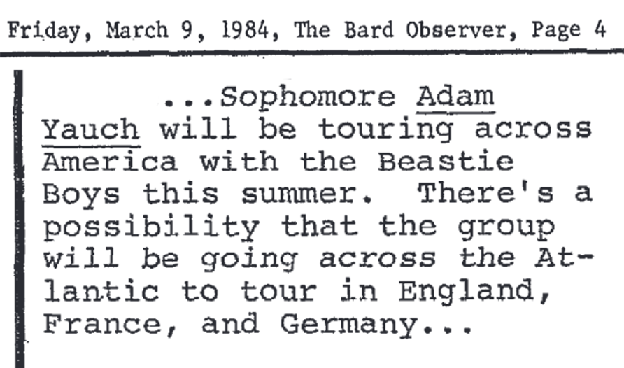 Bard Observer writeup about Adam Yaunch touring with the Beastie Boys