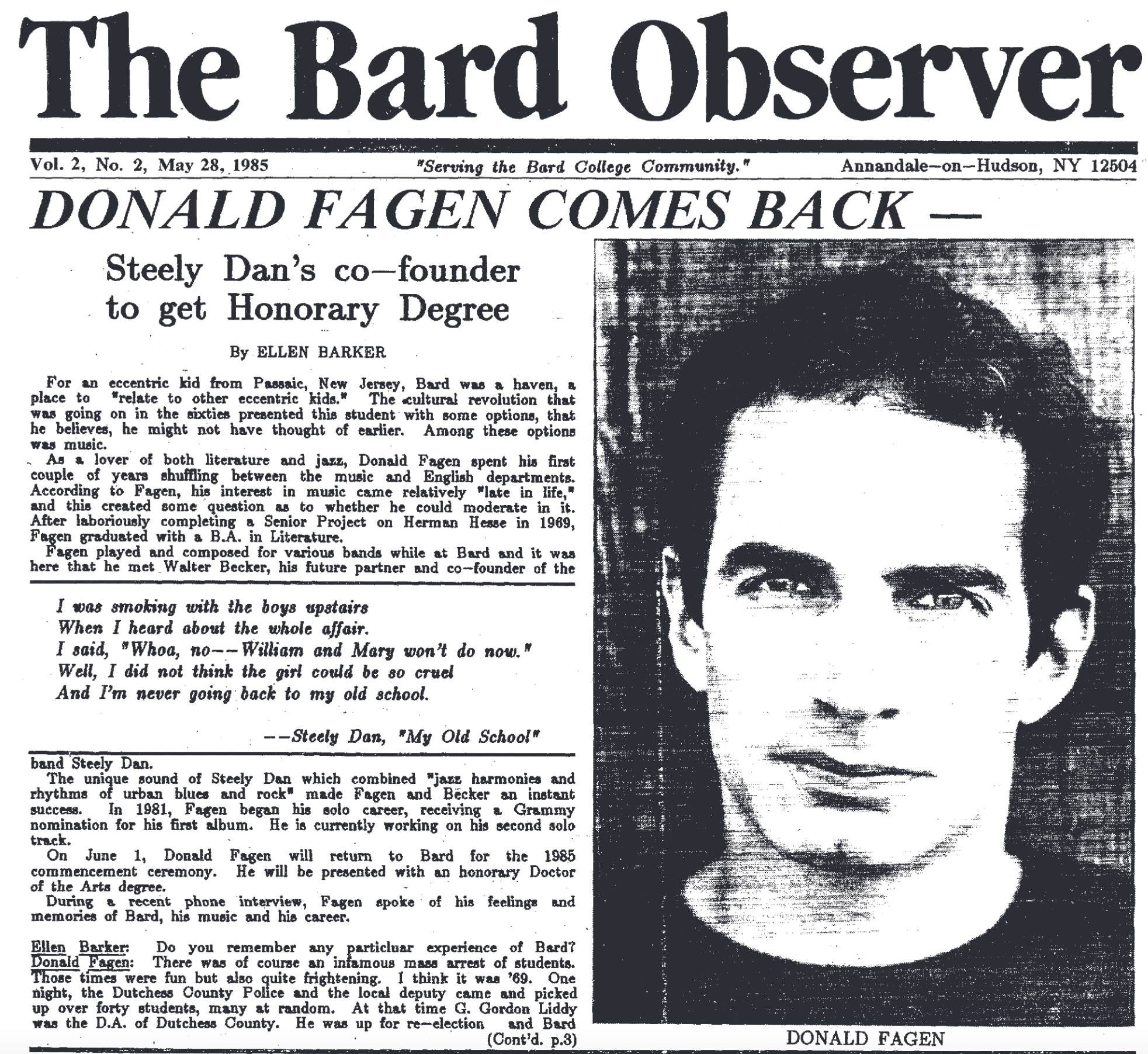 Donald Fagen article in the Bard Observer, May 28, 1985