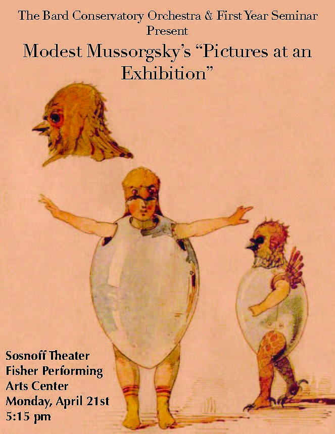 A person in an egg costume on a flyer for "Pictures at an Exhibition".; Modest Mussorgsky's "Pictures at an Exhibition"