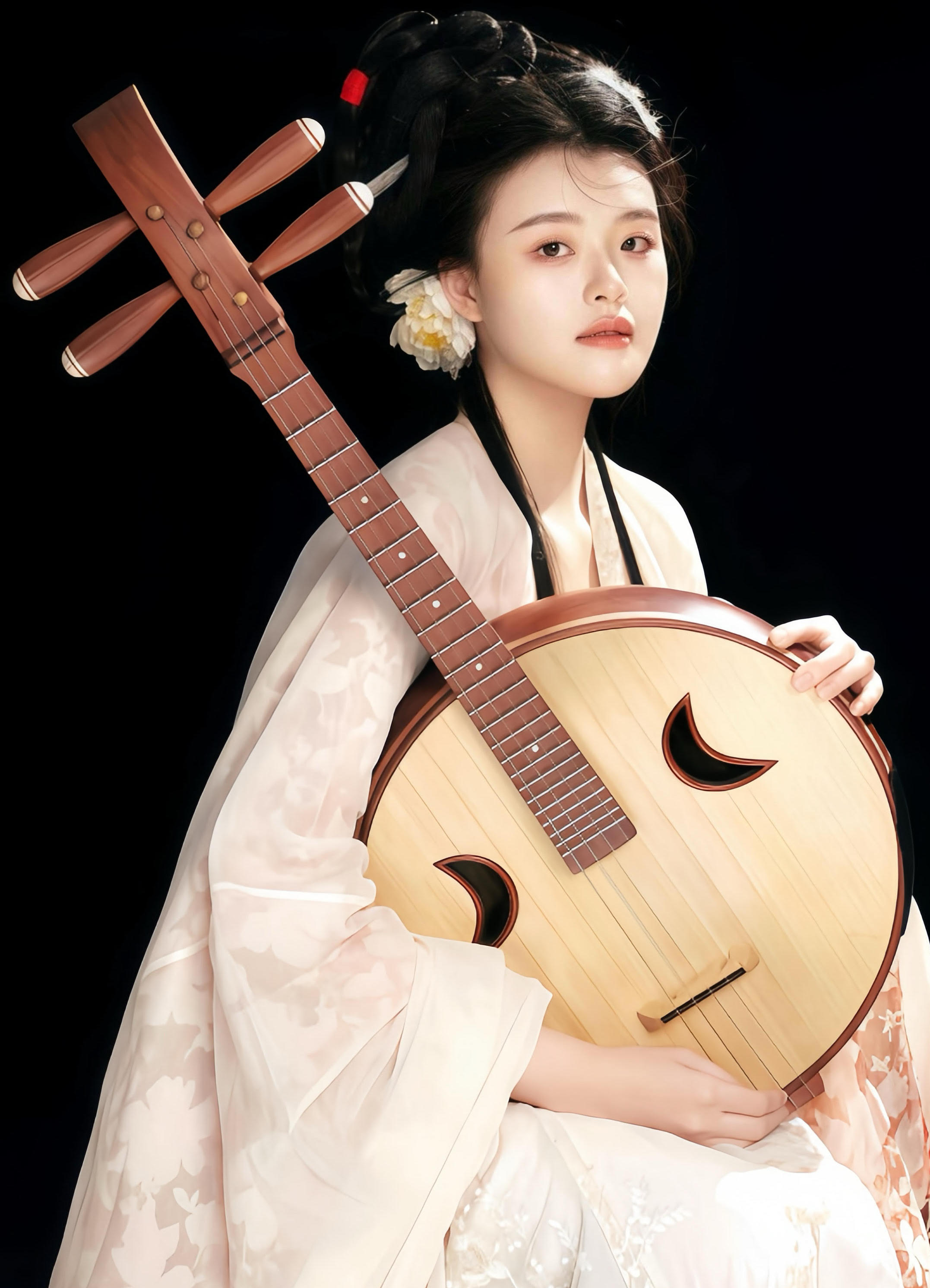 Yuling Nan holding a stringed ruan while sitting.; Degree Recital: Yuling Nan, ruan