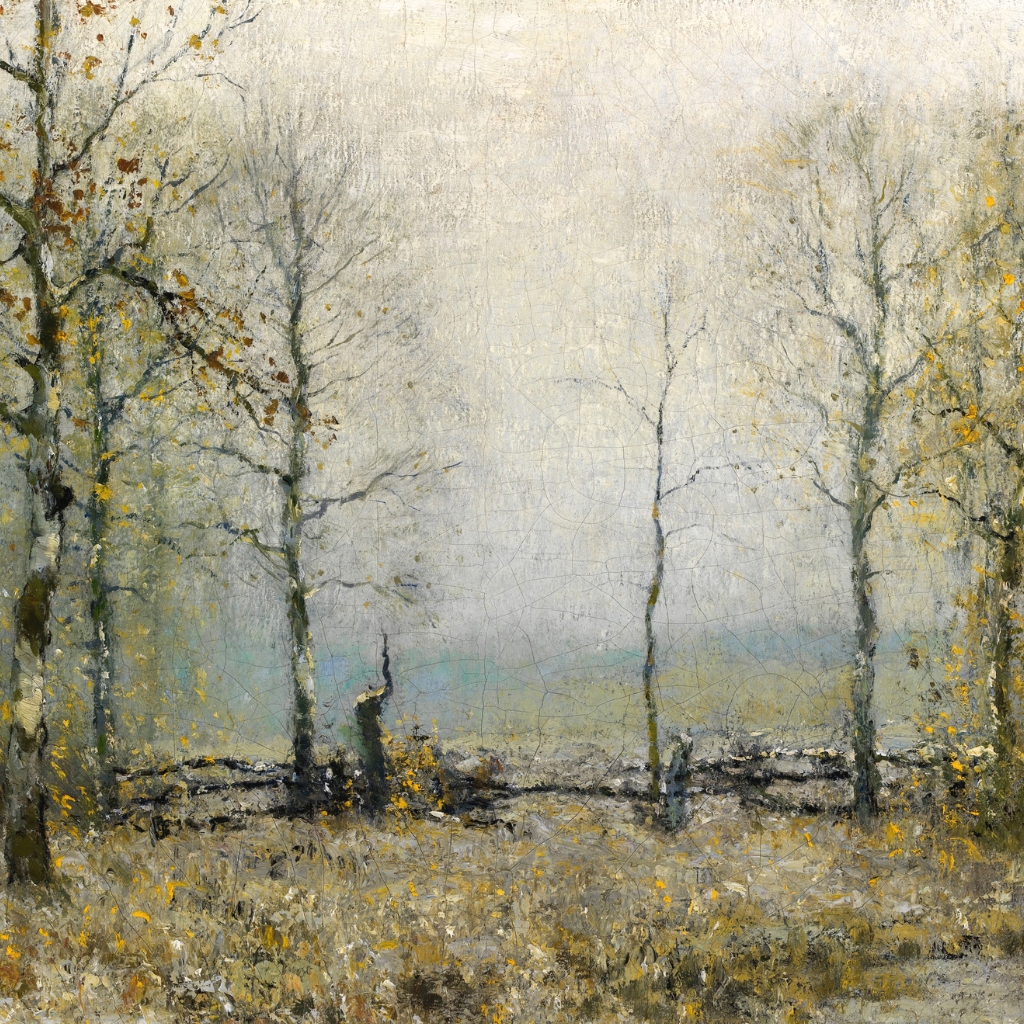 A misty autumn landscape with bare trees, yellow leaves, and a rustic wooden fence under a pale sky.; Noon Concert Series