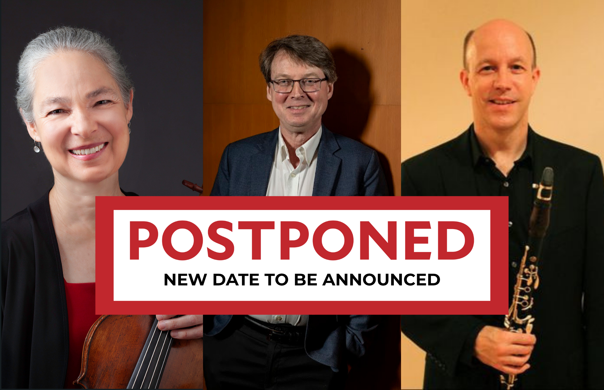Marka Gustavsson (left) holding a viola; Frank Corliss (middle) leaning on a tan wall; Mark Gallagher (right)holding a clarinet. Postponed.; POSTPONED: Faculty Spotlight Series: Marka Gustavsson, viola, and Frank Corliss, piano, with guest artist Mark Gallagher, clarinet