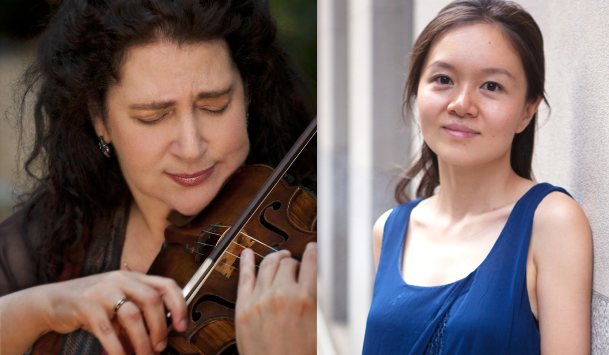 Laurie Smukler (left) playing the violin and Qing Jiang (right) wearing a blue blouse.; Guest Artist Recital: Laurie Smukler, violin&nbsp;and Qing Jiang, piano
