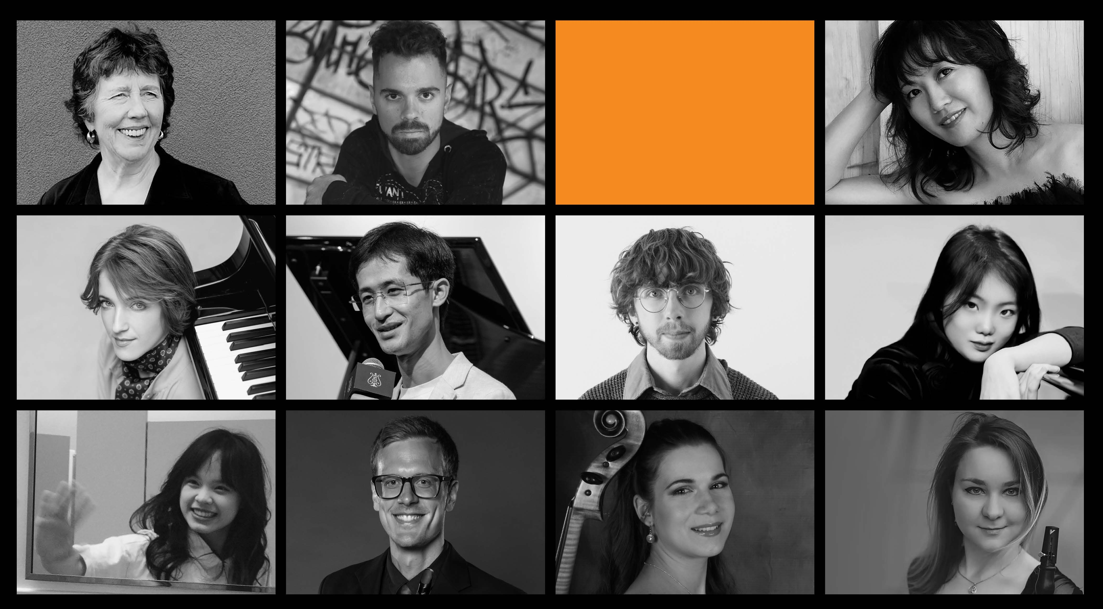 Twelve boxes, each featuring a photo of one of the performers or composers featured on the recital. ; The Altalena Artists Collective in Collaboration with Bard Conservatory Students