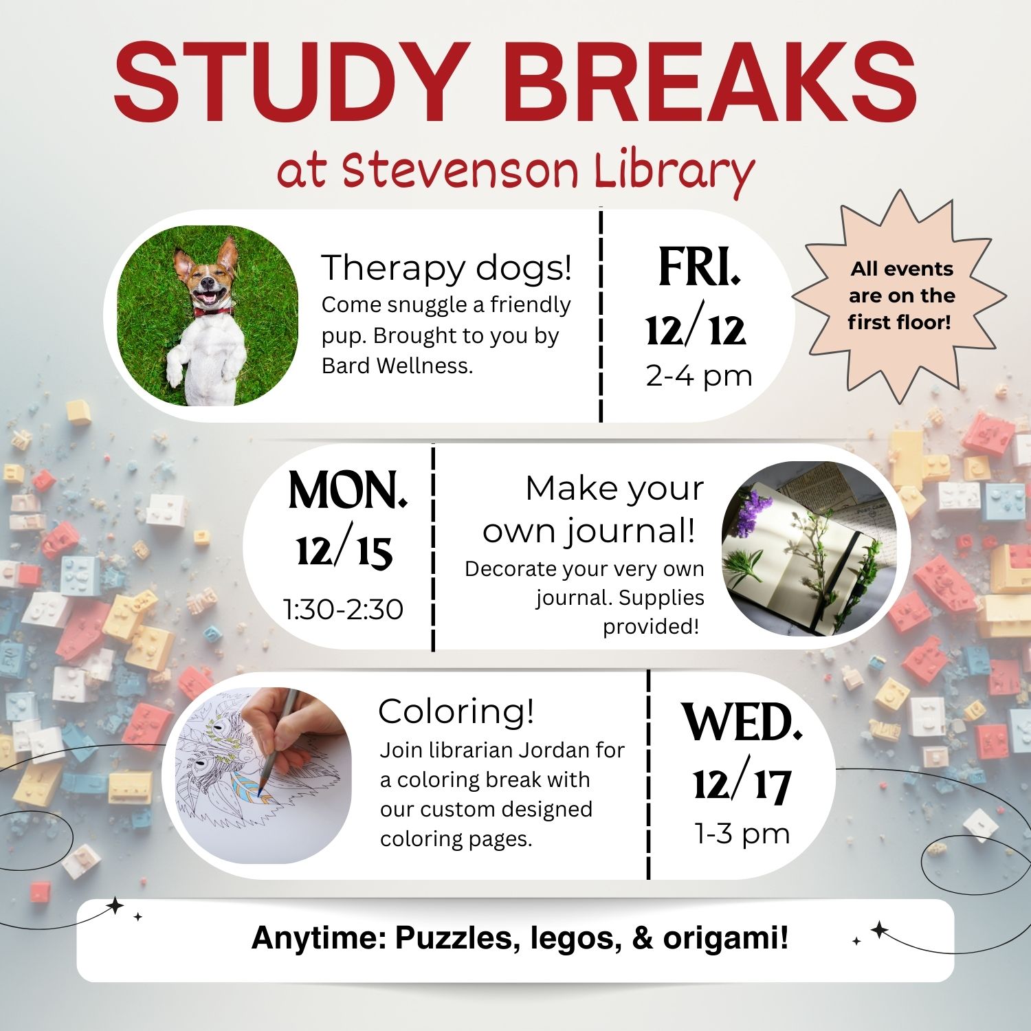 Study break event flyer; Study breaks at the library!&nbsp;