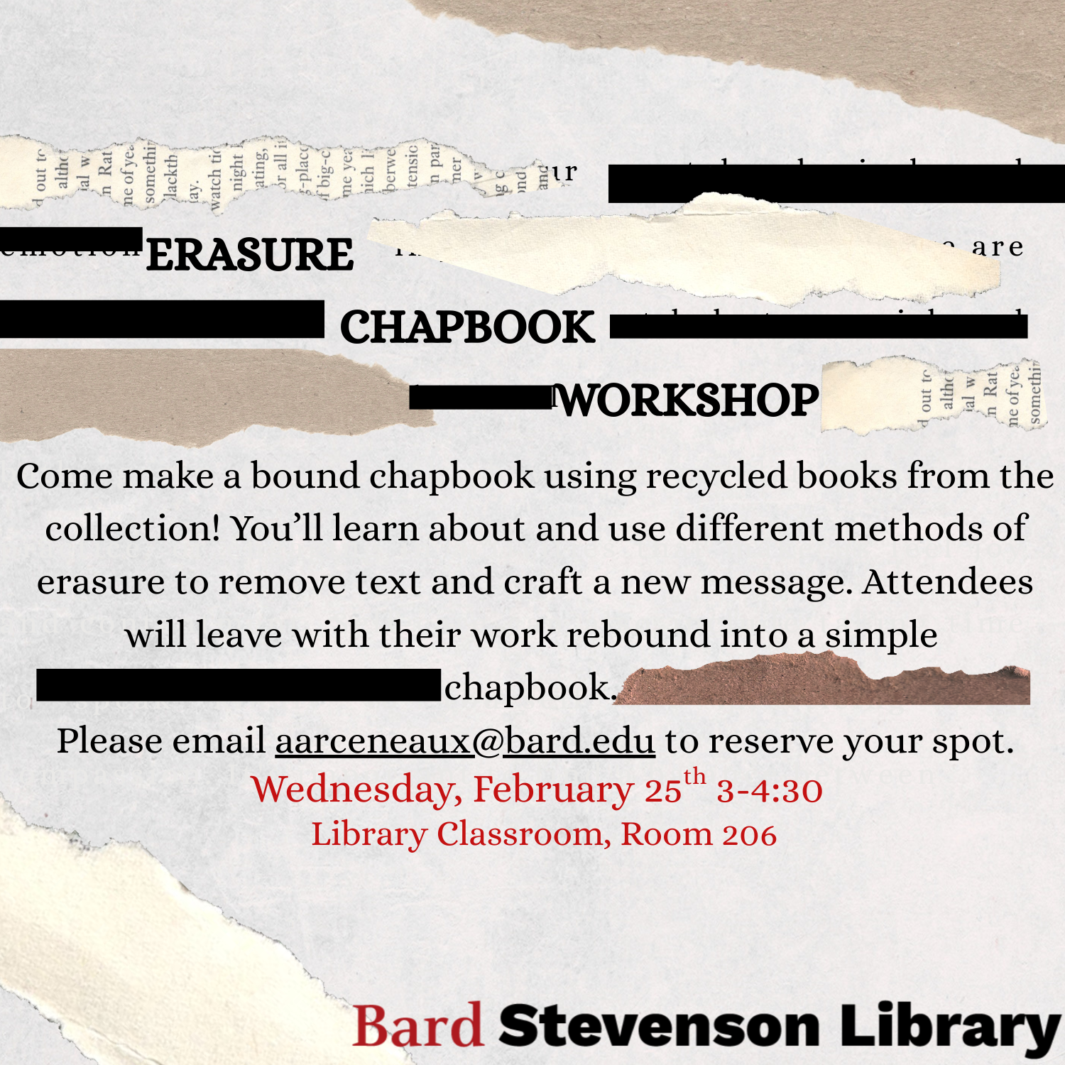 Erasure chapbook workshop flyer; Erasure Chapbook Workshop