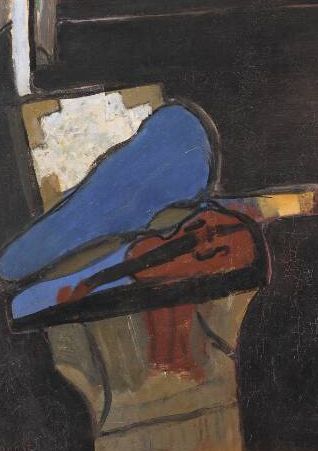 Painting of a violin in an open case with a blue interior.; Violin Music at Bard