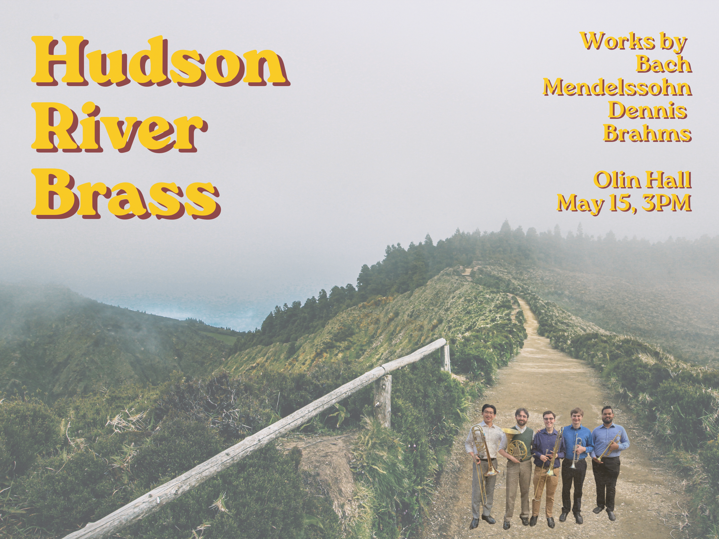 The Hudson River Brass Quintet photoshopped onto a misty mountain trail.   ; Hudson River Brass Quintet