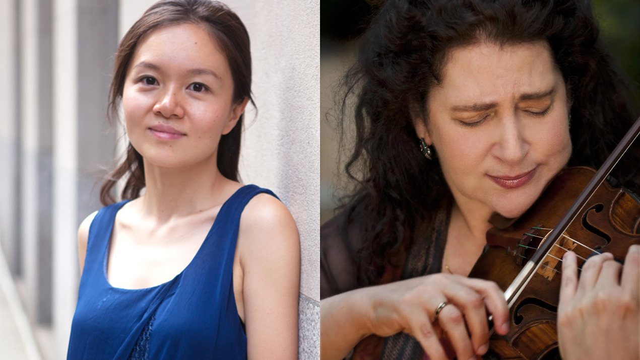 Laurie Smukler (left) playing the violin and Qing Jiang (right) wearing a blue blouse.; Guest Artist Recital: Laurie Smukler, violin&nbsp;and Qing Jiang, piano