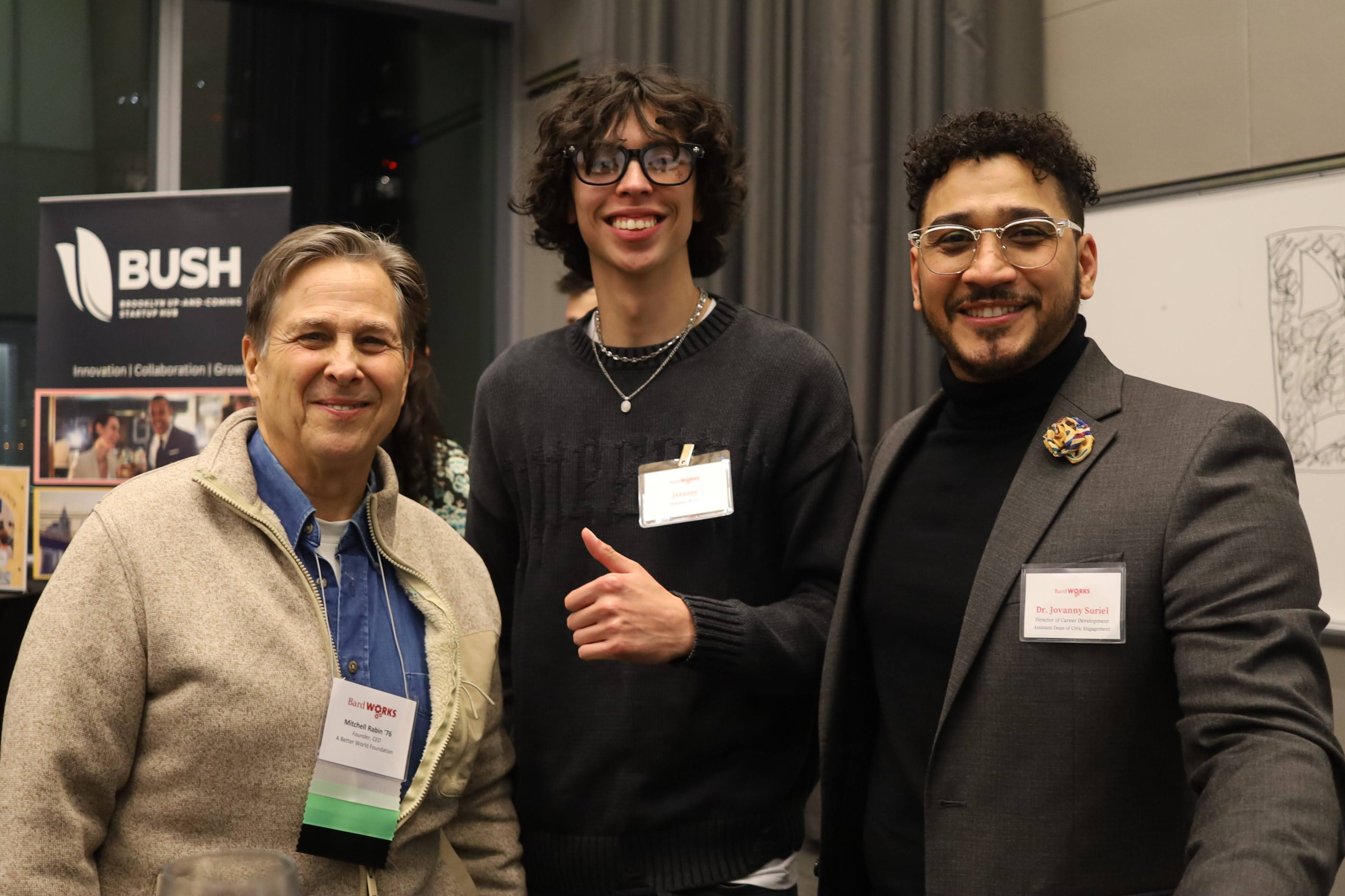 BardWorks 2025 NYC Reception, Mitchell Rabin ’76, Jeremy Rojas '26 and Jovanny Suriel, Assistant Dean of Civic Engagement and Director of Career Development. Photo Credit Tyler R. Williams '19 MAT '21