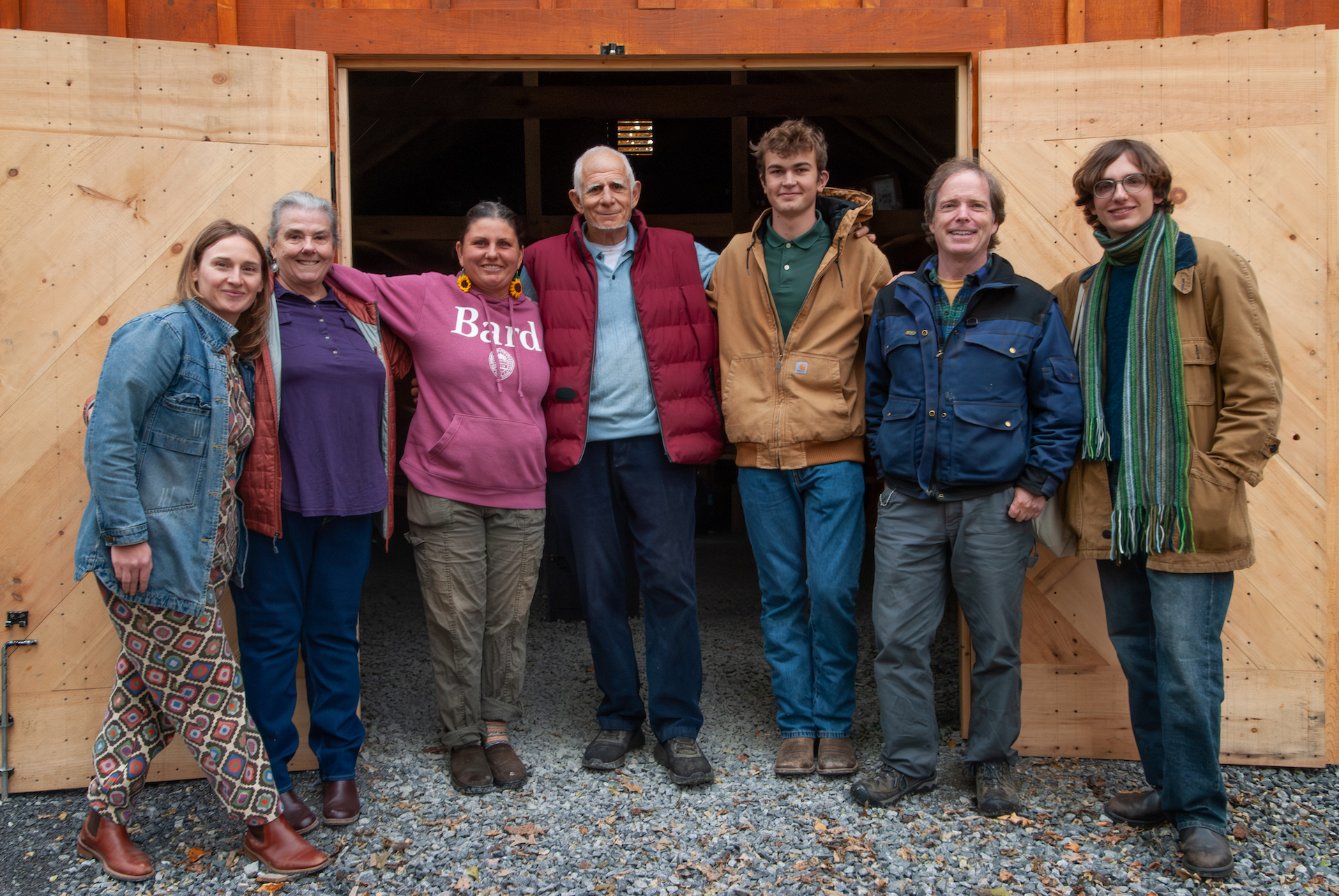 A ribbon cutting ceremony for the new Bard Sugar Shack at Montgomery Place! Students and staff came together to build this sweet new space, which will soon produce cider syrup — and maple syrup come spring. Photo by Gaspard Bason '29