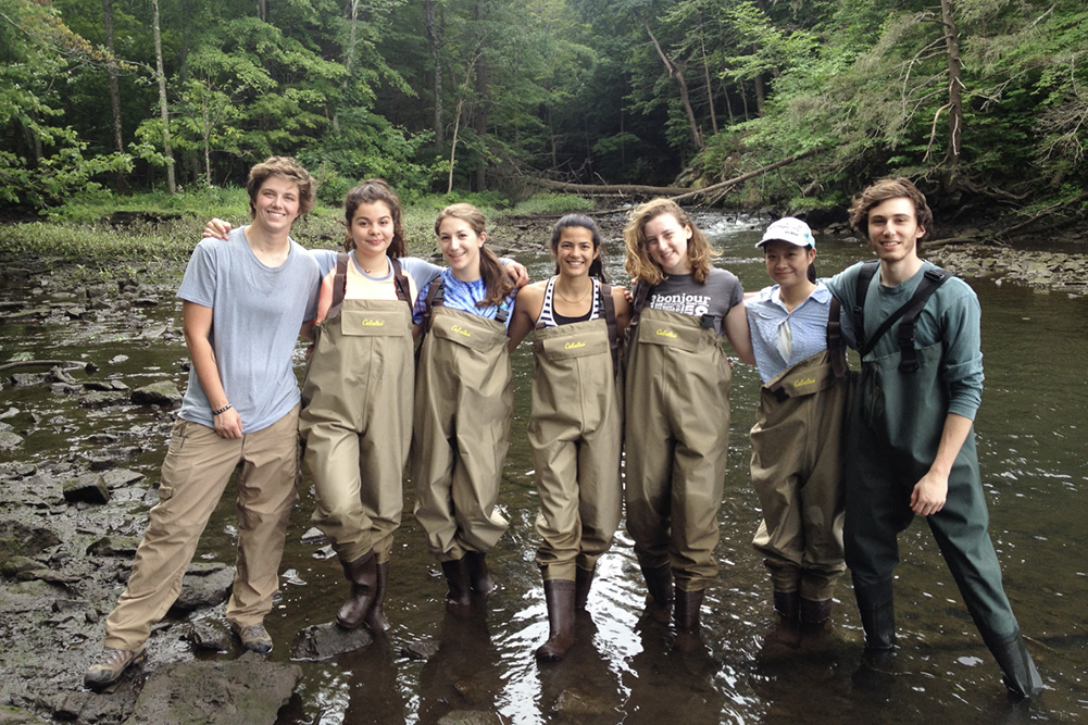 Team of students who participated in the Saw Kill sample collection for this study. (L-R) Beckett Lansbury ’16 MAT '19, Pola Khun ’17, Clea Shumer, Daniela Azulai ’17, Haley Goss-Holmes ’17, Yuejiao Wan ’17, and Marco Spodek ’17.