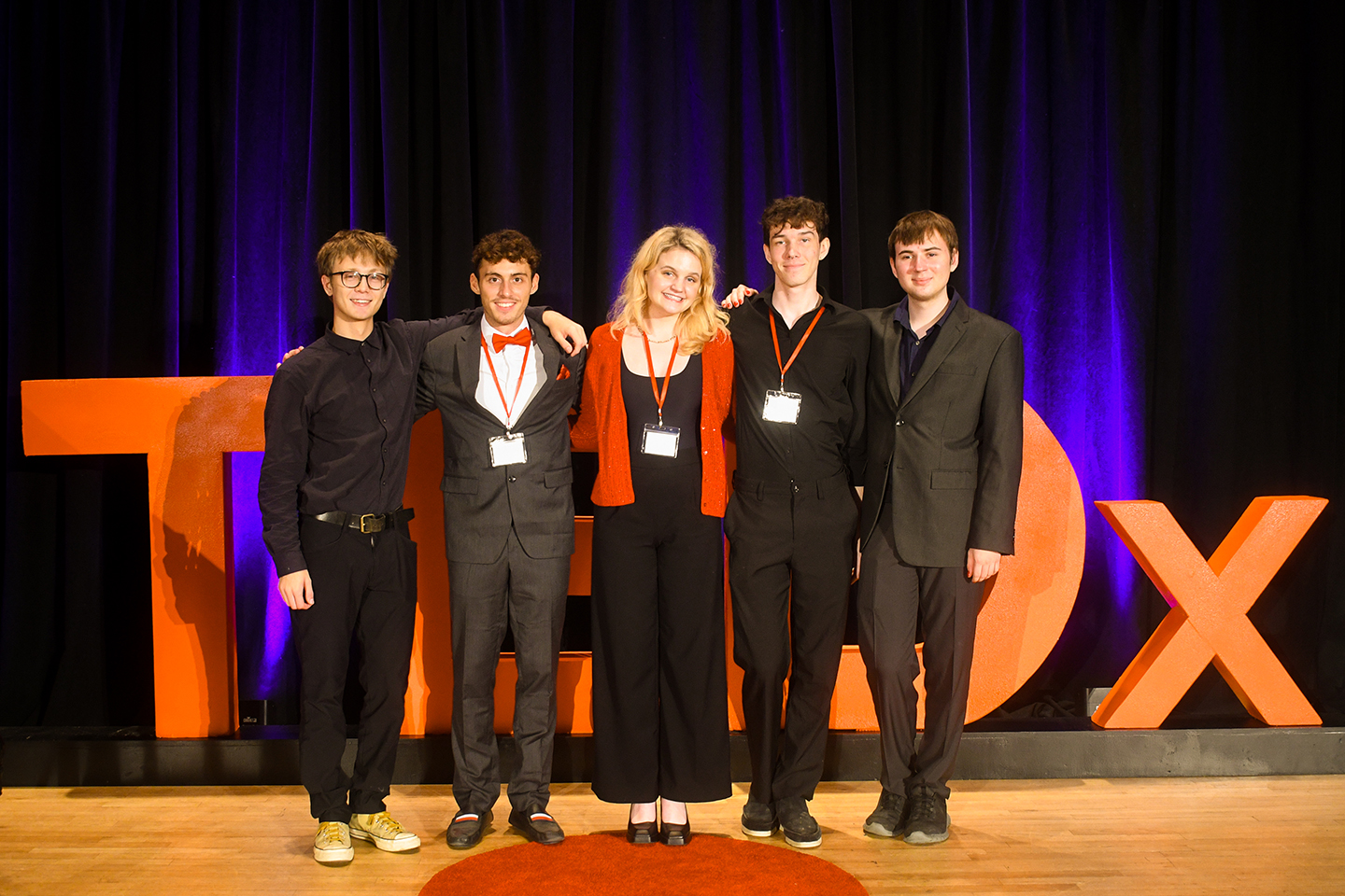 TEDxBard College conference organizers Luca Heidelberg '24, Thanasis Kostikas '26, Emily O'Rourke '25, Wyland Stephenson '25, and Tom Chitwood '26. Photo by Aya Rebai '24
