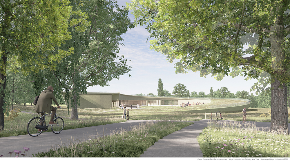 Rendering of new performing arts studio building for the Fisher Center at Bard, designed by Maya Lin in partnership with architects Bialosky and Partners and theater and acoustic consultants Charcoalblue. Photo credit: Maya Lin Studio with Bialosky New York  |  Courtesy of Maya Lin Studio © 2022 