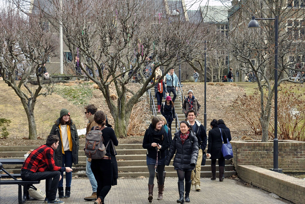 Students outside Kline Commons on Bard&rsquo;s Annandale-on-Hudson, New York, campus.