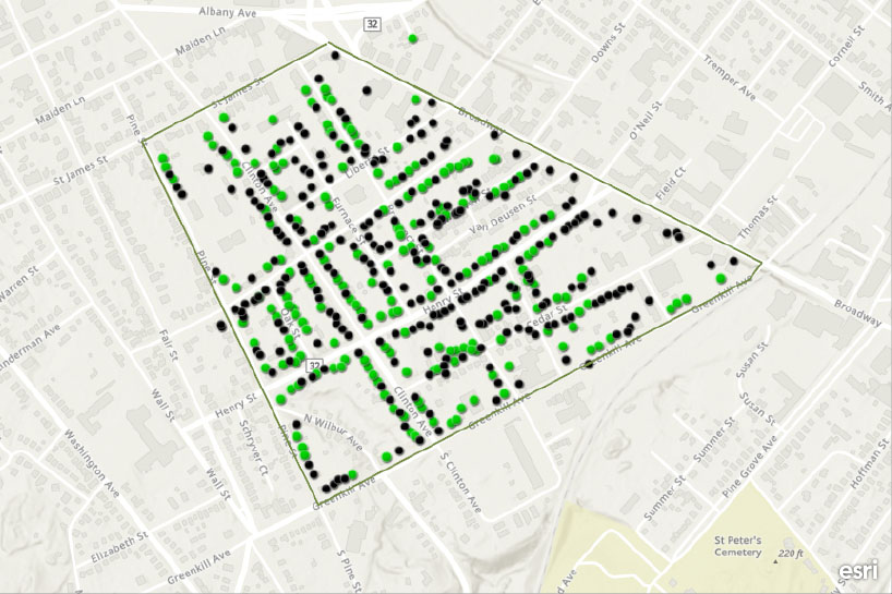 Of 481 properties in one section of Midtown Kingston, 275 (black dots) are owned by non-local owners, according to a study conducted in 2020 by Bard professor Kwame Holmes and his students.