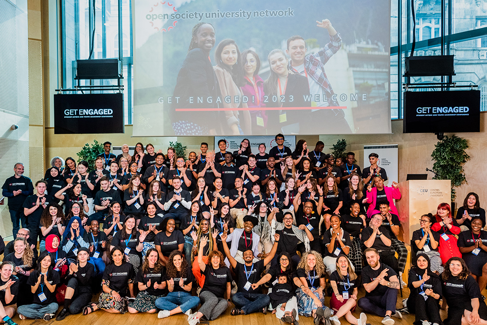 Student and staff participants at Get Engaged 2023 gather for a group portrait at Central European University in Budapest, Hungary. Photo by Peter Egyed