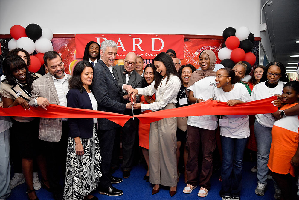 Opening ceremony for Bard High School Early College Bronx. Daniel Weisberg, Leon Botstein, and Janet Peguero stand in the center, cutting the ribbon. Photo: Danny Santana Photography