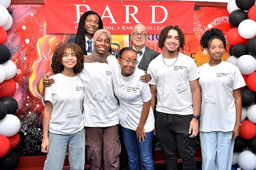 Incoming Bard High School Early College Bronx students (front row from left to right): Shirley Contreras, Khloe Wilkerson, Ariella Thompson, Kevin Mendoza, and Summer Rae Lee Garcia stand with Vice President and Dean of Early Colleges Dumaine Williams &rsquo;03 (back row on left) and President Leon Botstein (back row on right) at the ribbon-cutting ceremony. Photo: Danny Santana Photography