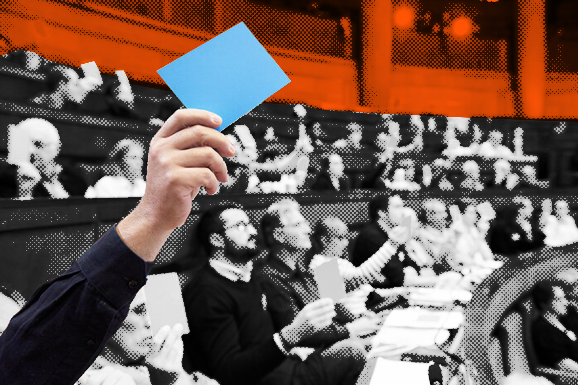 a hand holds up a ballot against a stylized backdrop 