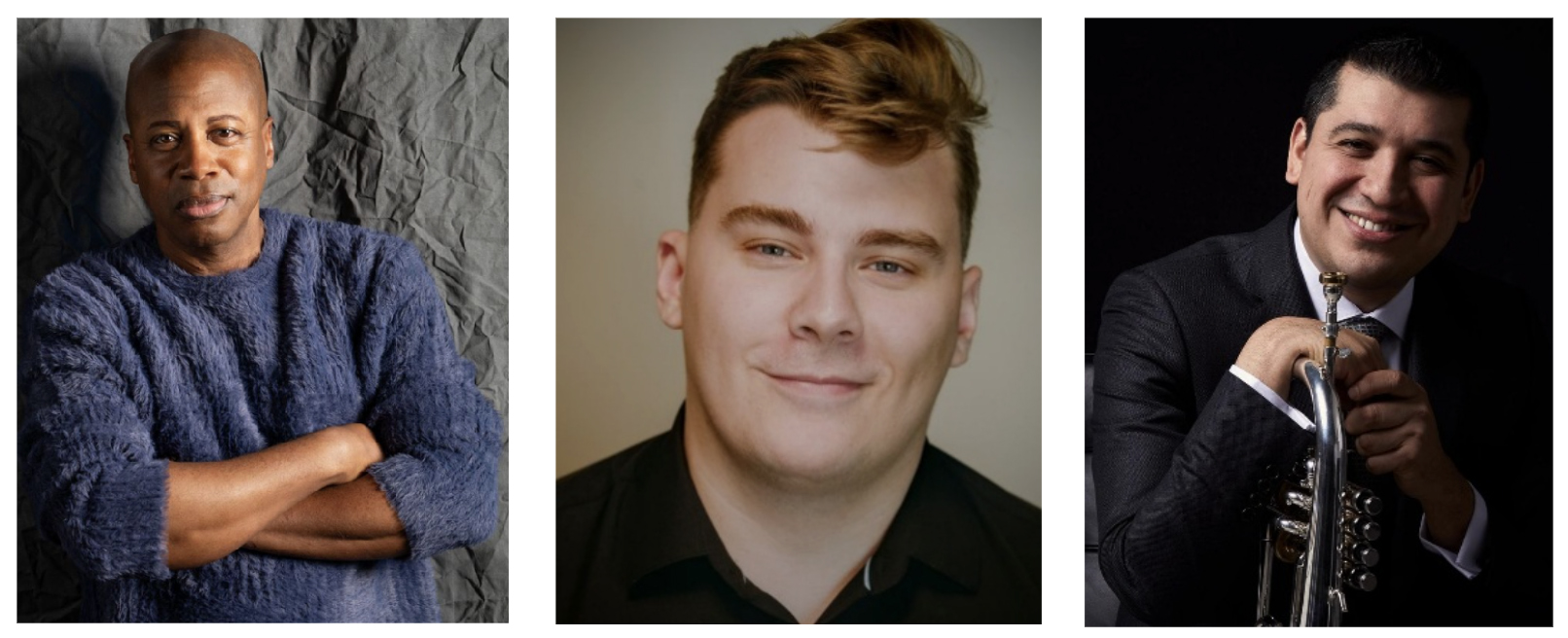 Portraits from left to right: a man in a blue sweater, a man in a black shirt, and a man holding a trumpet