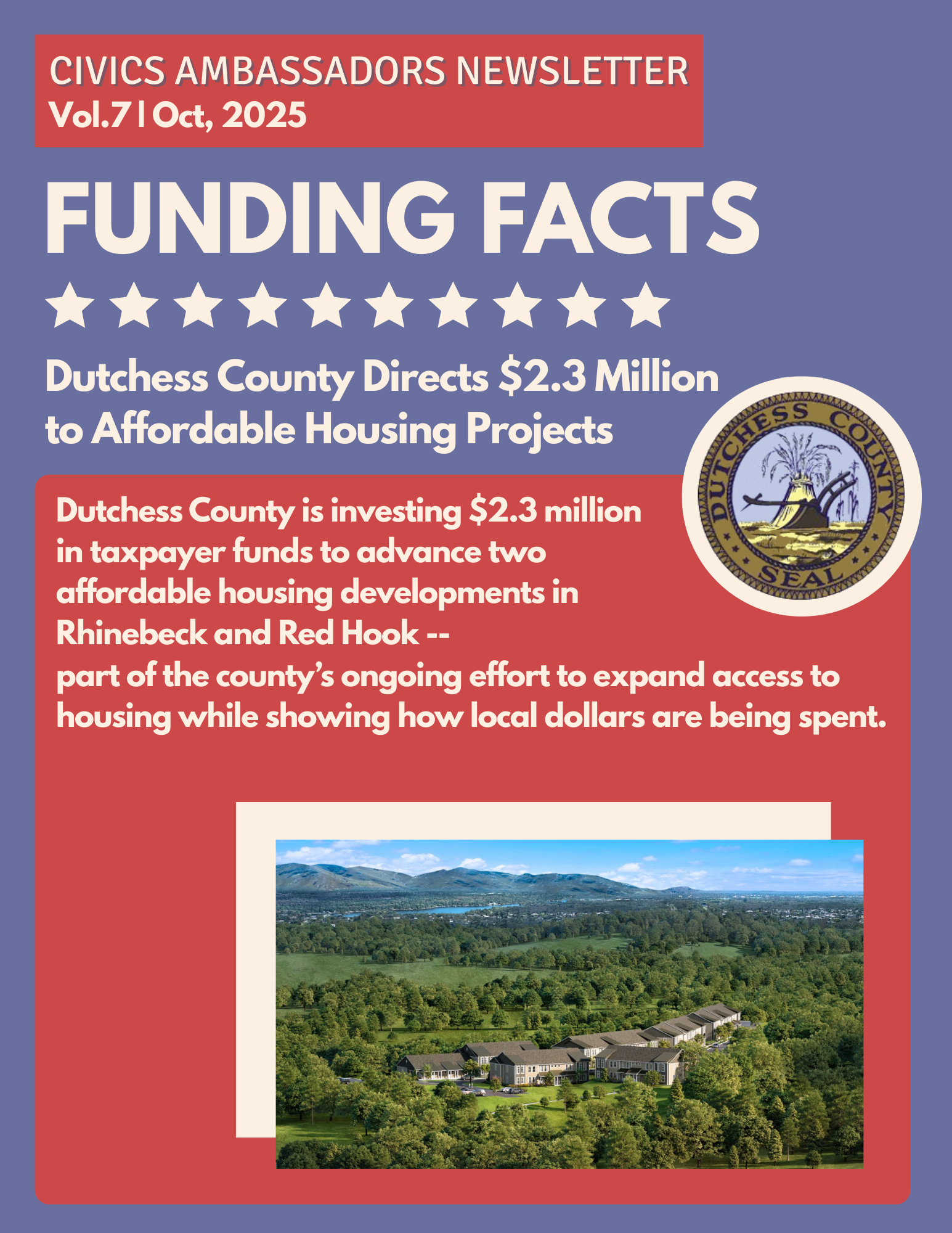Poster that says "Civic Ambassadors Newsletter, Funding Facts, Dutchess Country Directs $2.3 million to affordable housing projects"