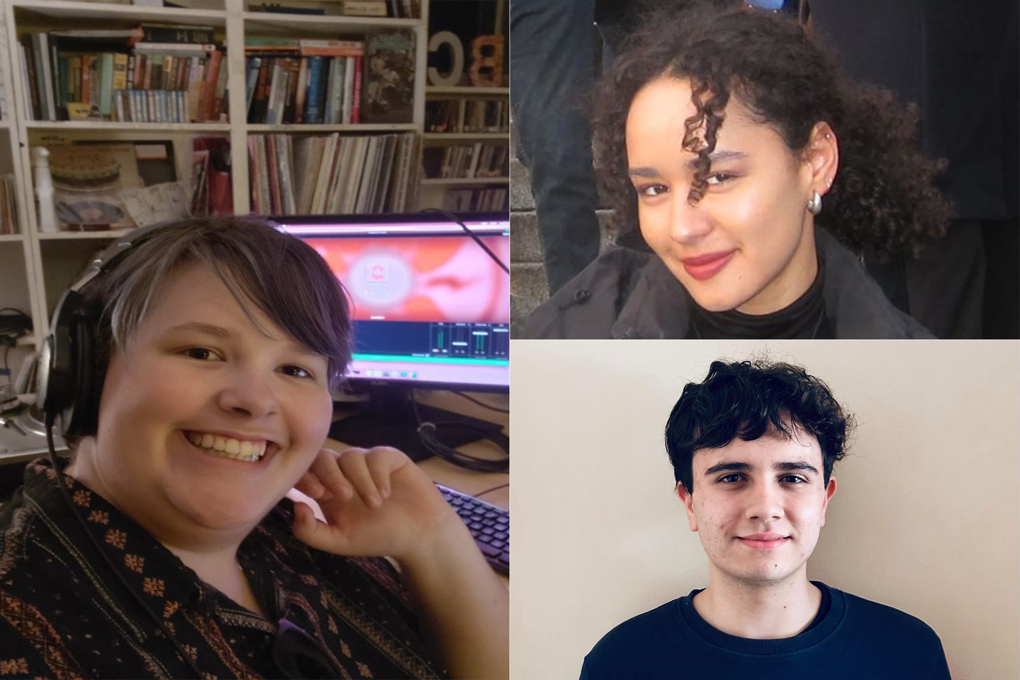 three separate portraits of students smiling at the viewer