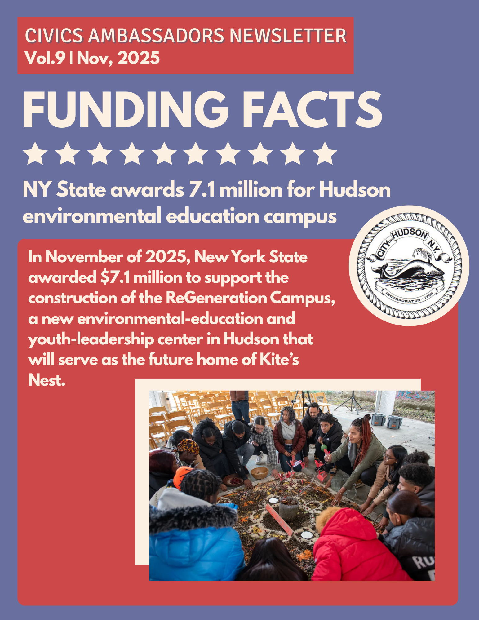 Funding Fact poster with an image of of a group of people gathered around a table with seeds.