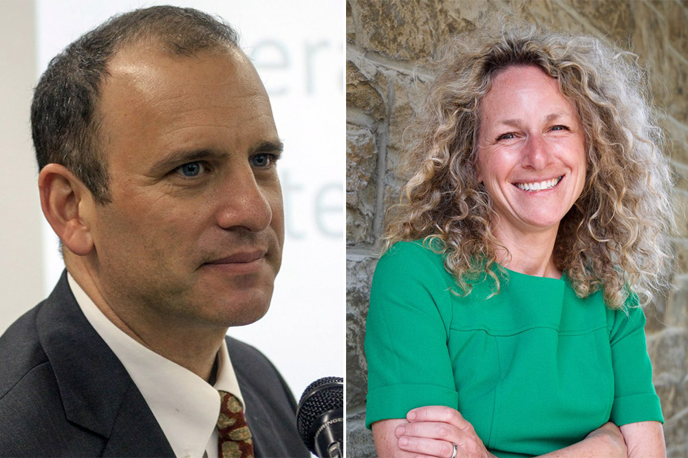 two portraits of a man in a suit, and a woman in a green shirt