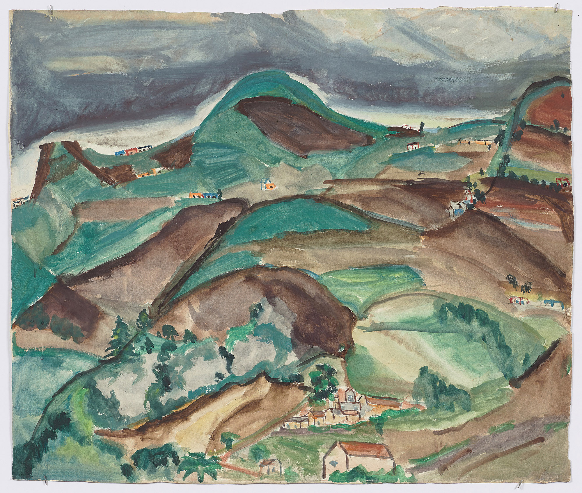 a painting of a landscape with rolling hills and lush greener