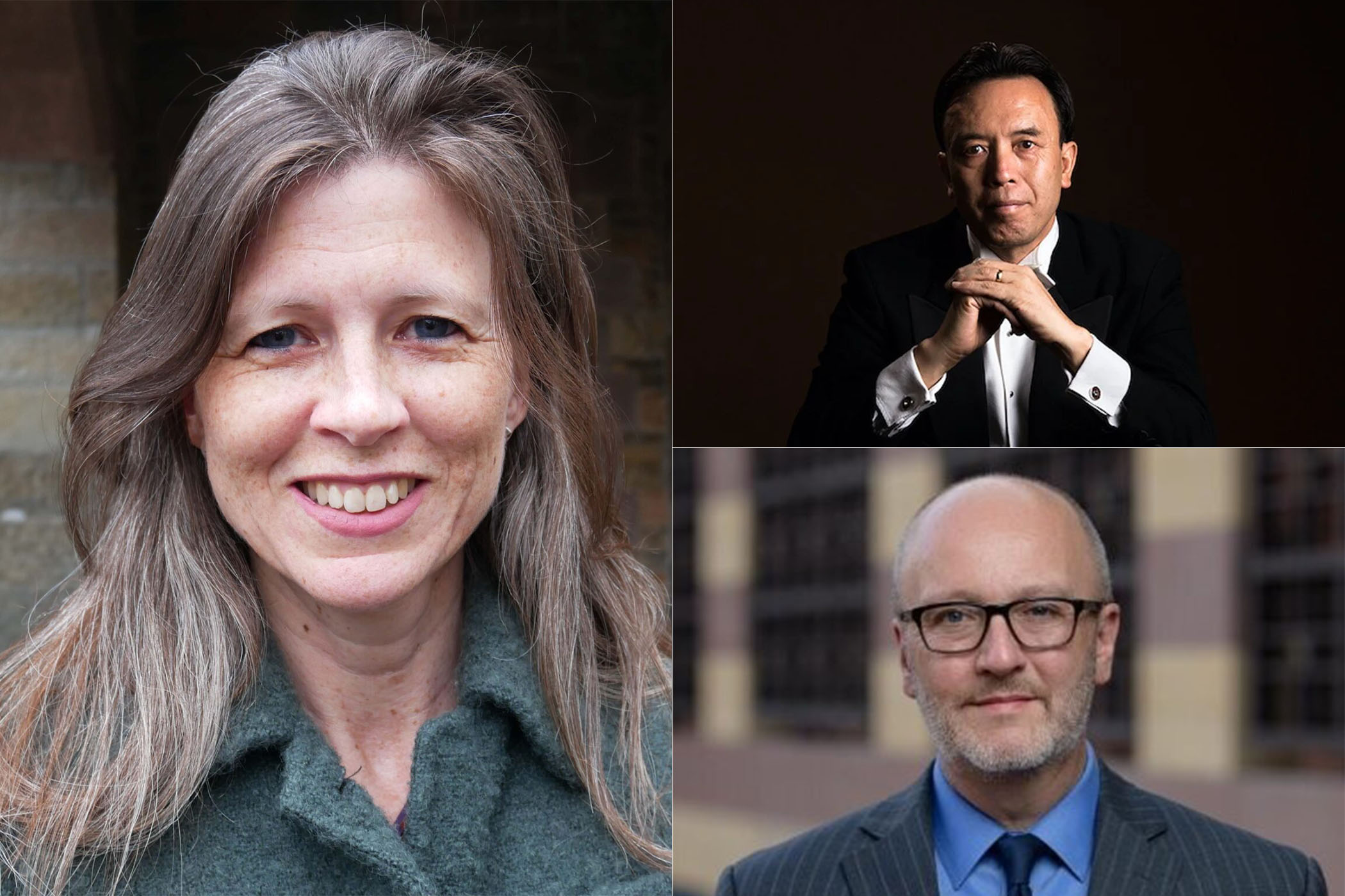 A triptich of three portraits, one showing a woman, two showing men