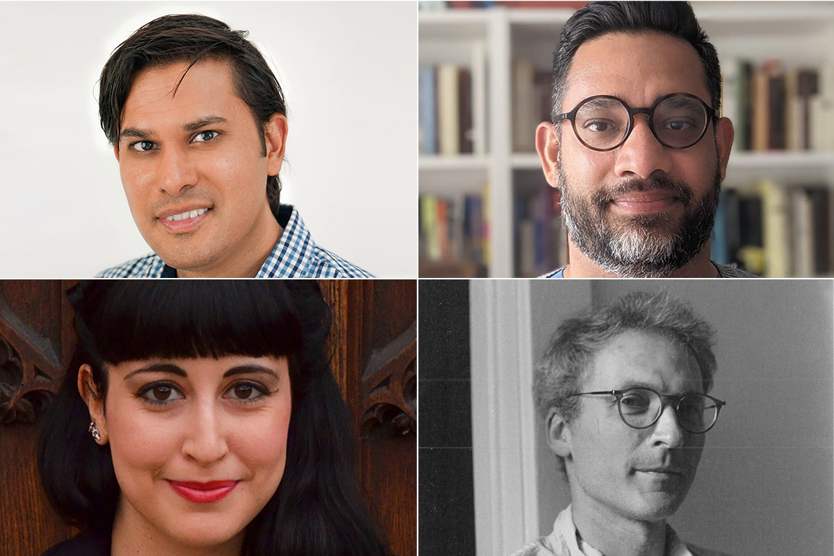 a quad image made up of four portraits, of three men and one woman