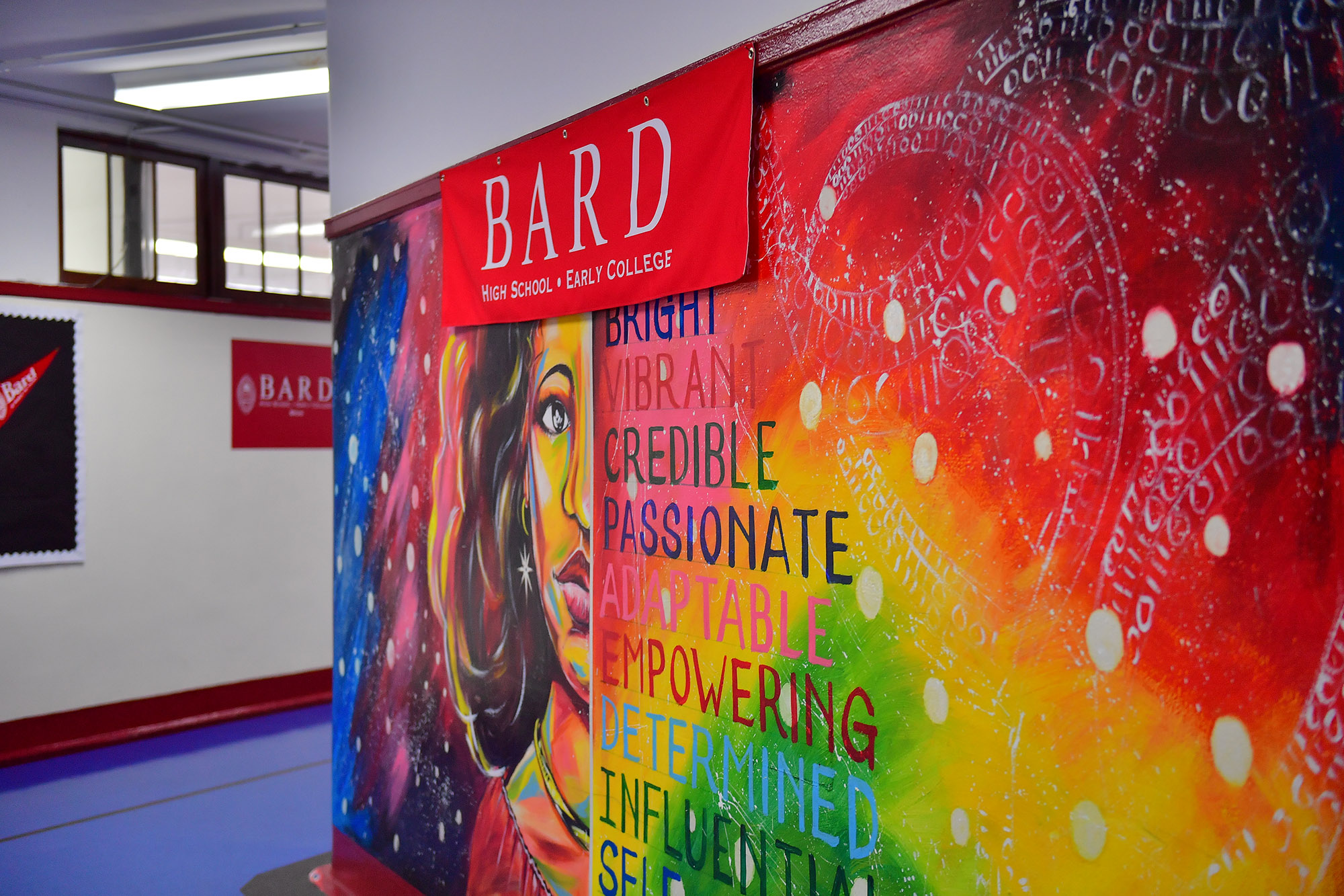 A colorful mural in a school hallway