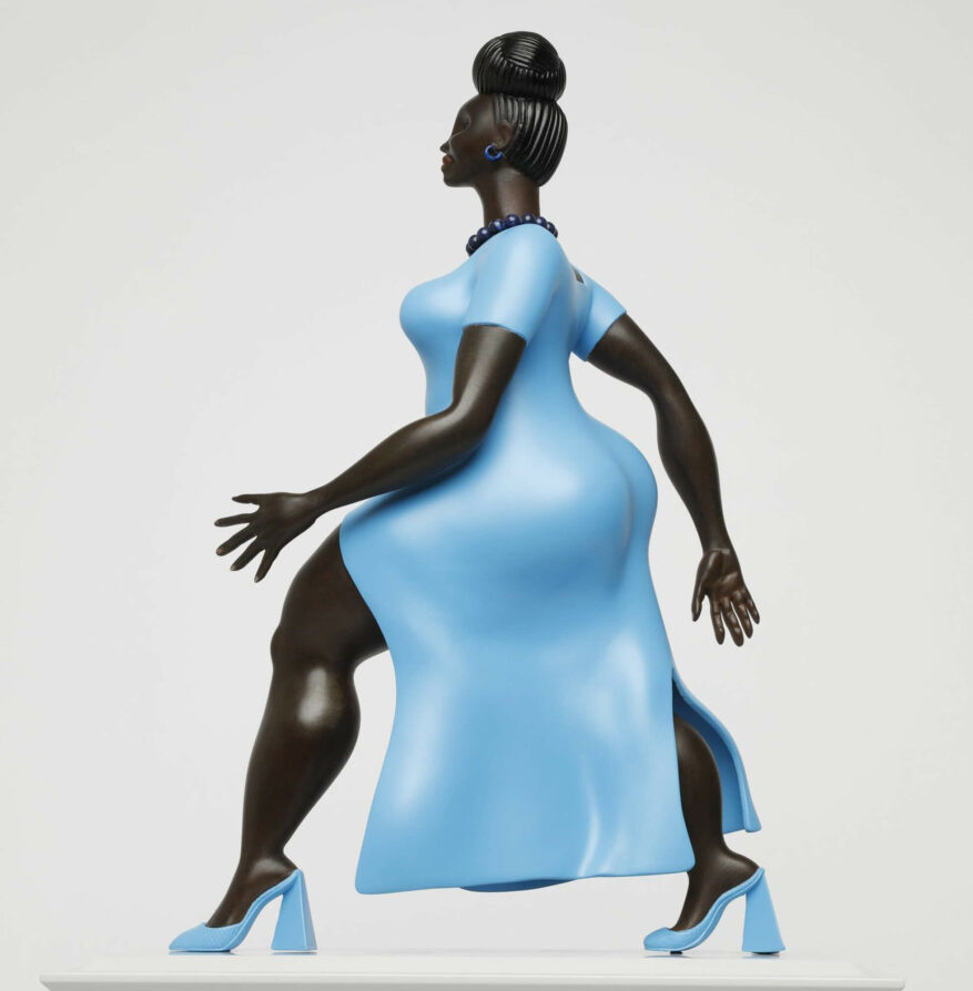 Tschabalala Self&rsquo;s <em>Lady In Blue, </em>a sculpture of a Black woman in a blue dress walking confidently.