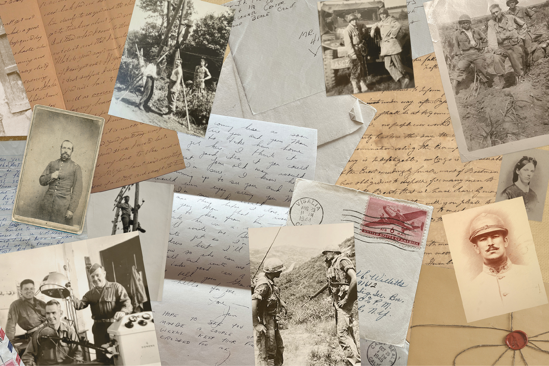 A digital collage of old, handwritten letters and photographs of service members from various eras.