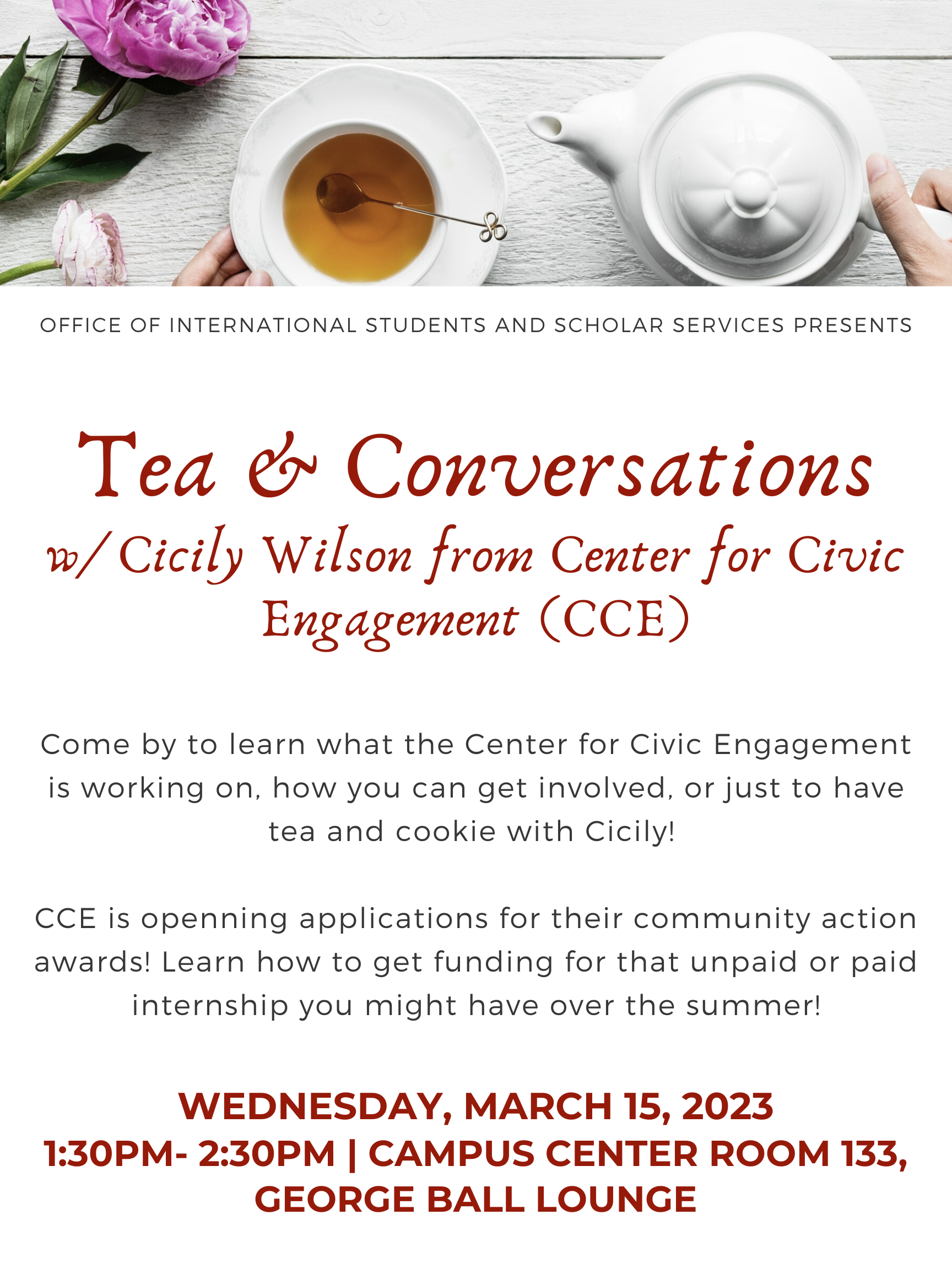 Tea and Conversations for International Students with Cicily Wilson from the Center for Civic Engagement (CCE)