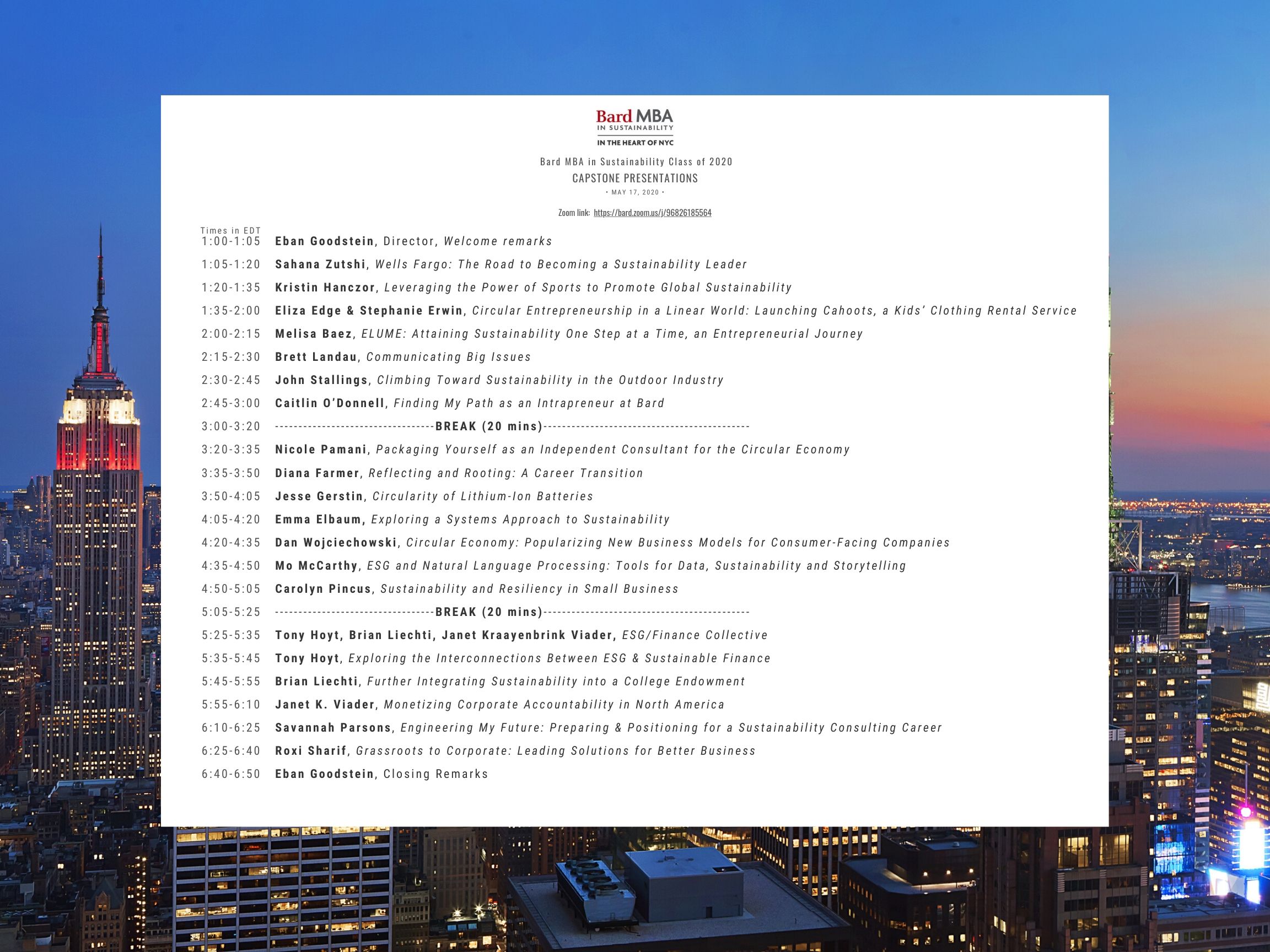 Bard MBA Capstone Presentations - Virtual