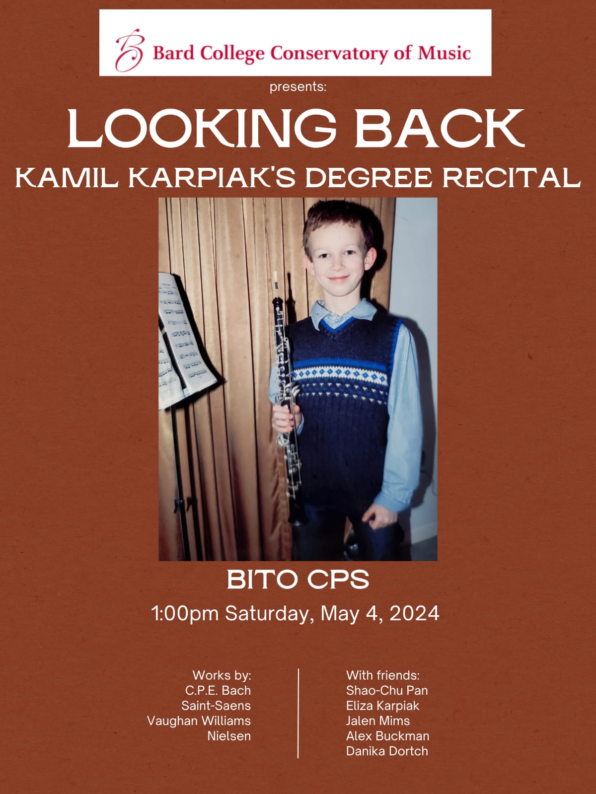 Degree Recital: "Looking Back" Kamil Karpiak, oboe, with&nbsp;Shao-Chu Pan, piano, and a wind quintet.