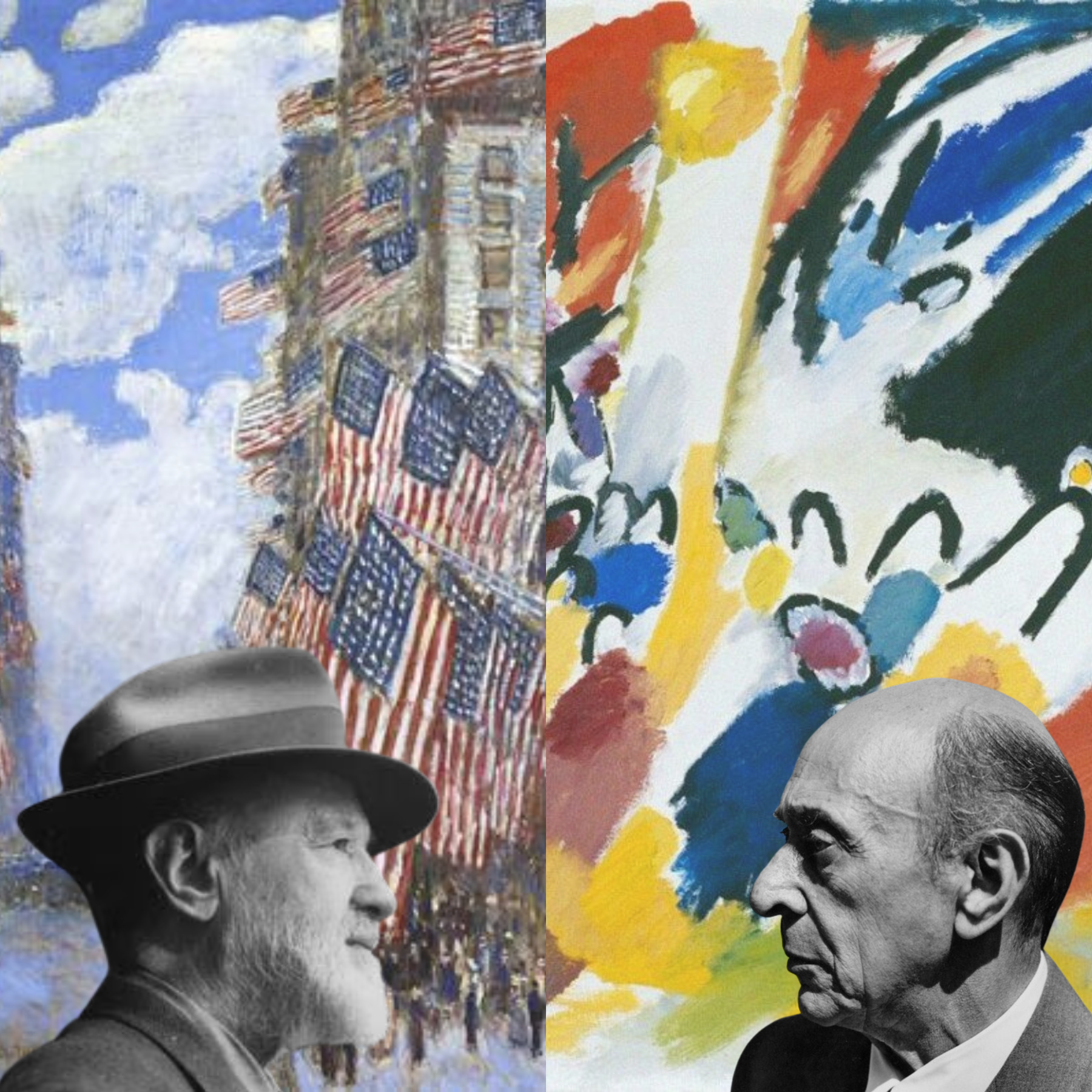 Left Image:&nbsp;The Fourth of July, 1916 (The Greatest Display of the American Flag Ever Seen in New York, Climax of the Preparedness Parade in May)&nbsp;by Childe Hassam.&nbsp;Right Image:&nbsp;Impression III&nbsp;(Concert) (1911) by Wassily&nbsp;Kandinsky.
