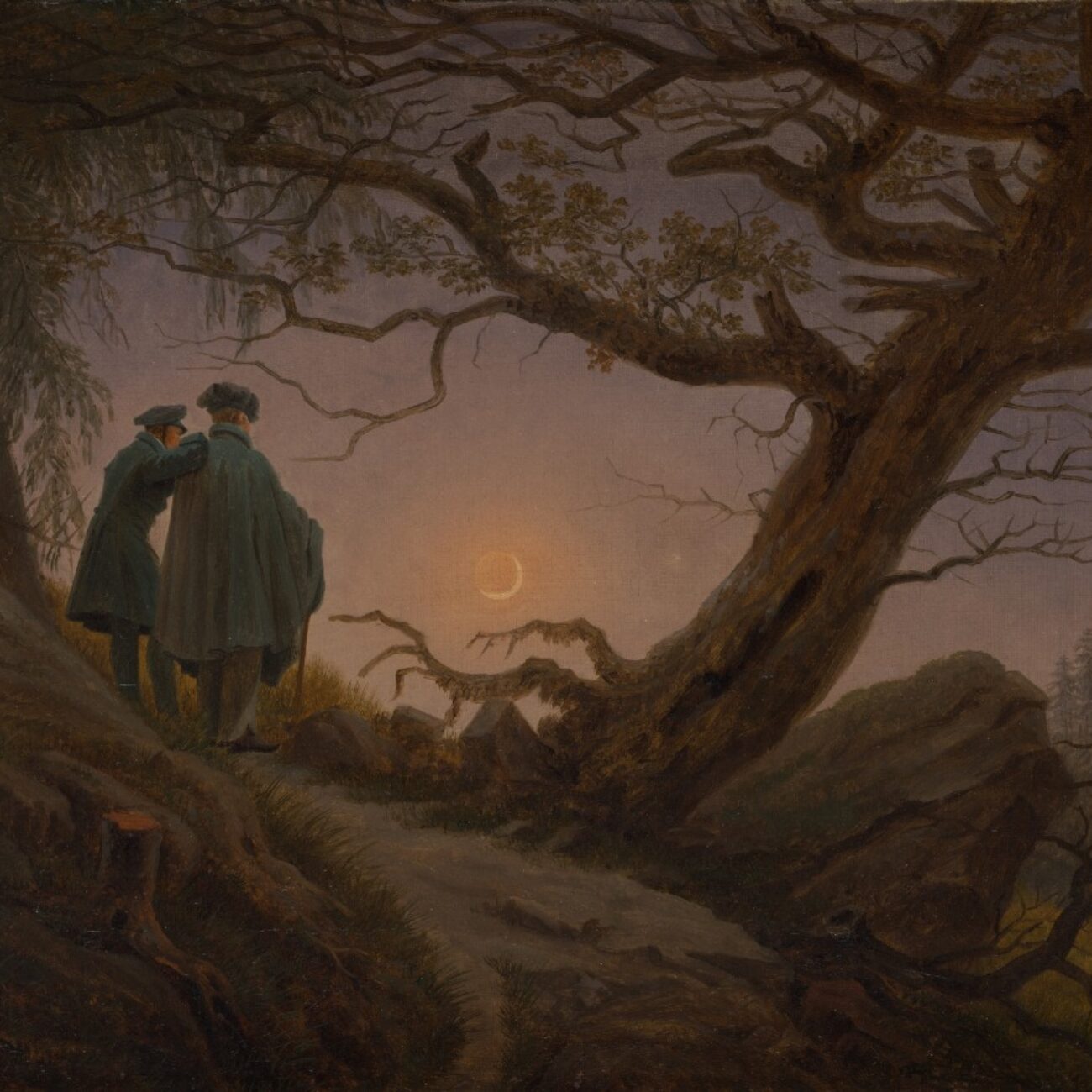 Two figures standing underneath a gnarled tree as the moon rises.; Schumann &amp; Friedrich: Nature in Music &amp; Art