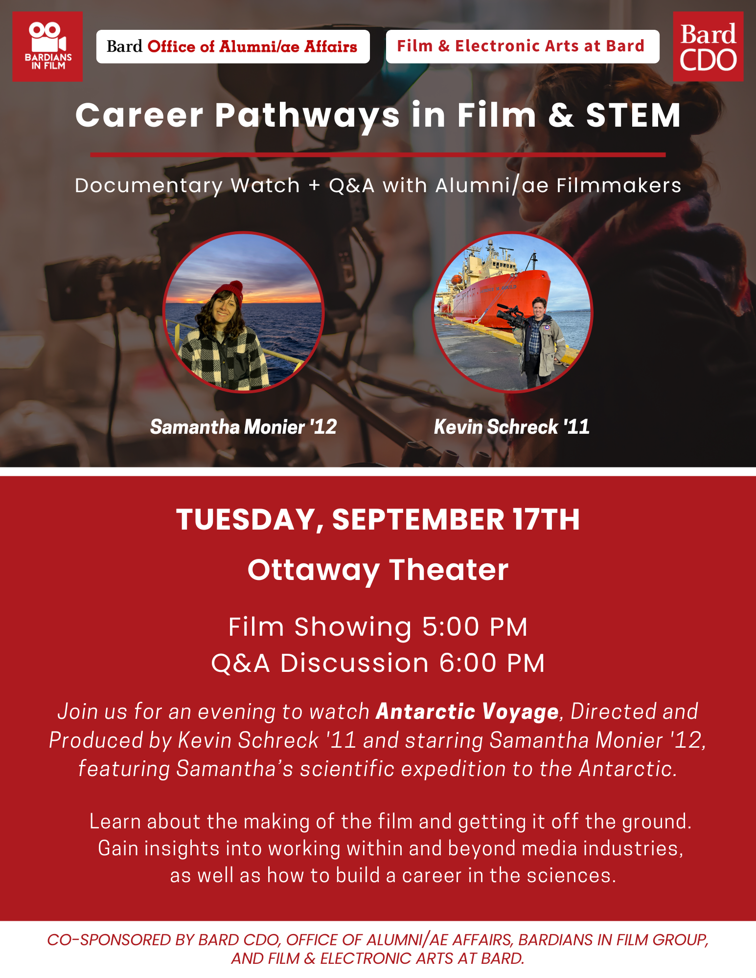 "Career Pathways in Film and Stem", showing two featured speakers.; Career Pathways in Film &amp; STEM:&nbsp;Documentary Watch + Q&amp;A with Alumni/ae Filmmakers