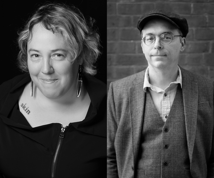 A black and white portrait of a woman with short curly hair and a man with a flat cap and glasses.; A Reading by Kelly Link &amp; Jedediah Berry