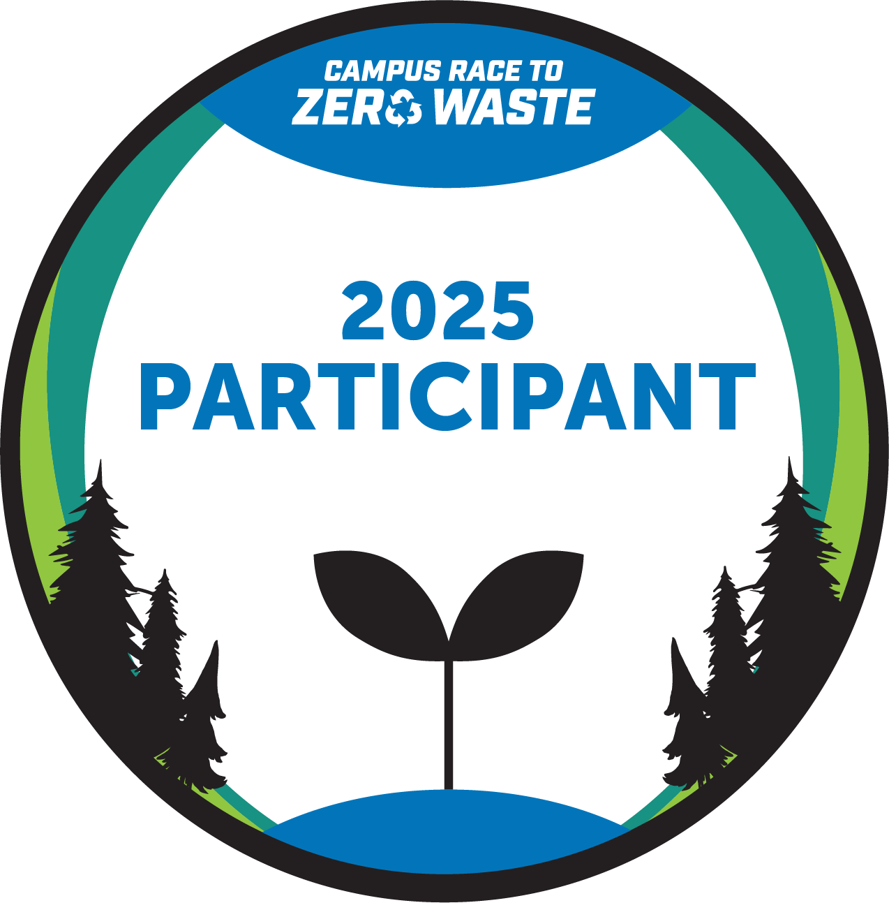 2025 participant banner with a sprout surrounded by trees.; Race 2 Zero Waste: Week 5 of 8