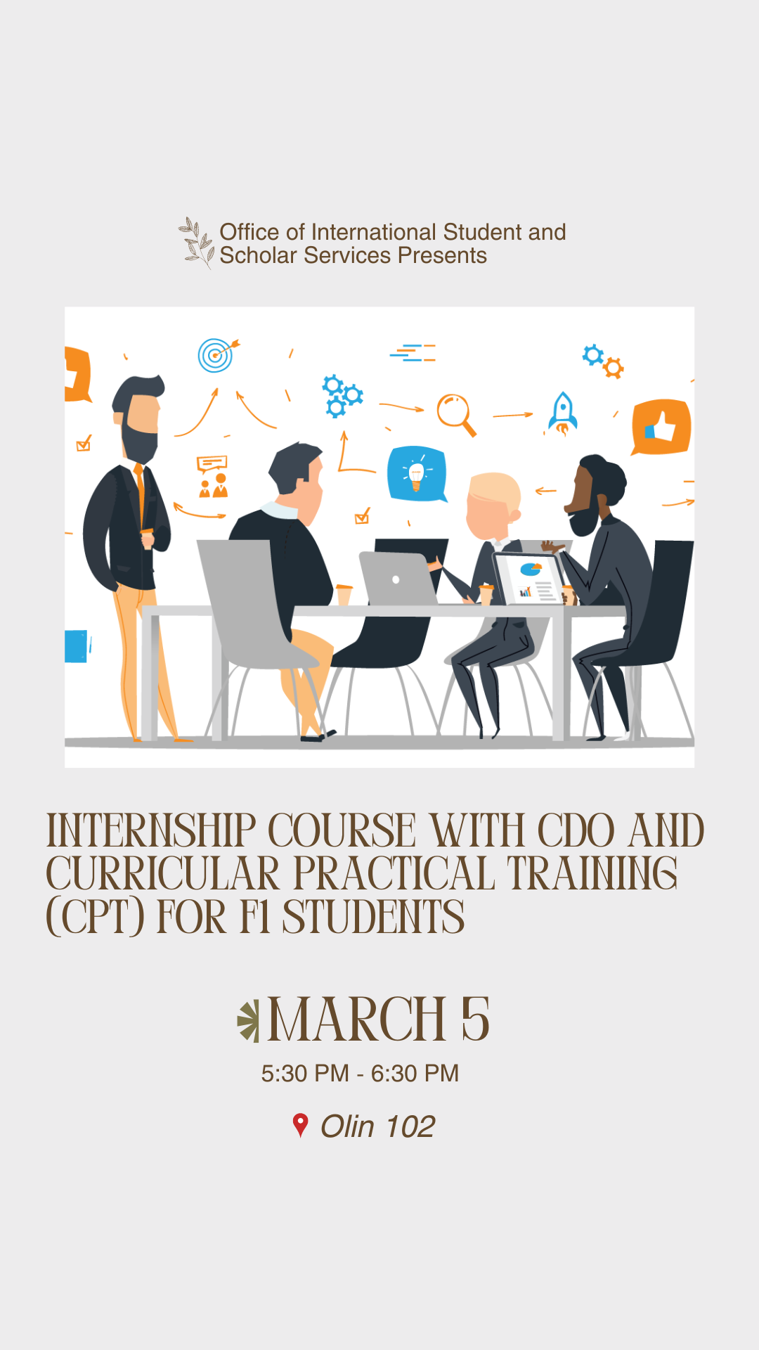 A graphic of people working on computers at a desk. For the Internship Course Info Session.; Internship Course Offered by CDO and Curricular Practical Training (CPT)