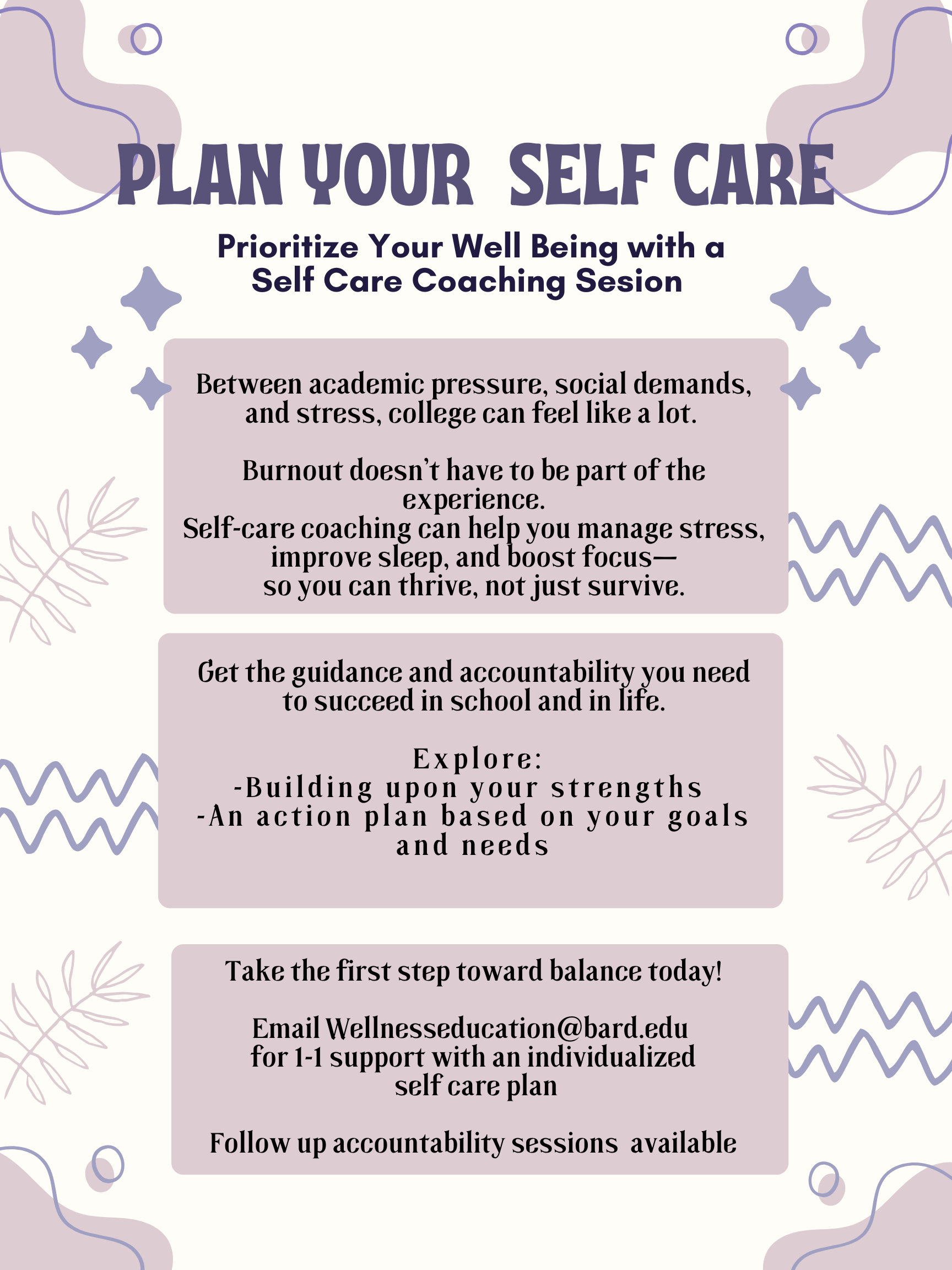Plan your self care: Wellness education sessions.; Wellness Wednesdays Presents Self Care Coaching&nbsp;