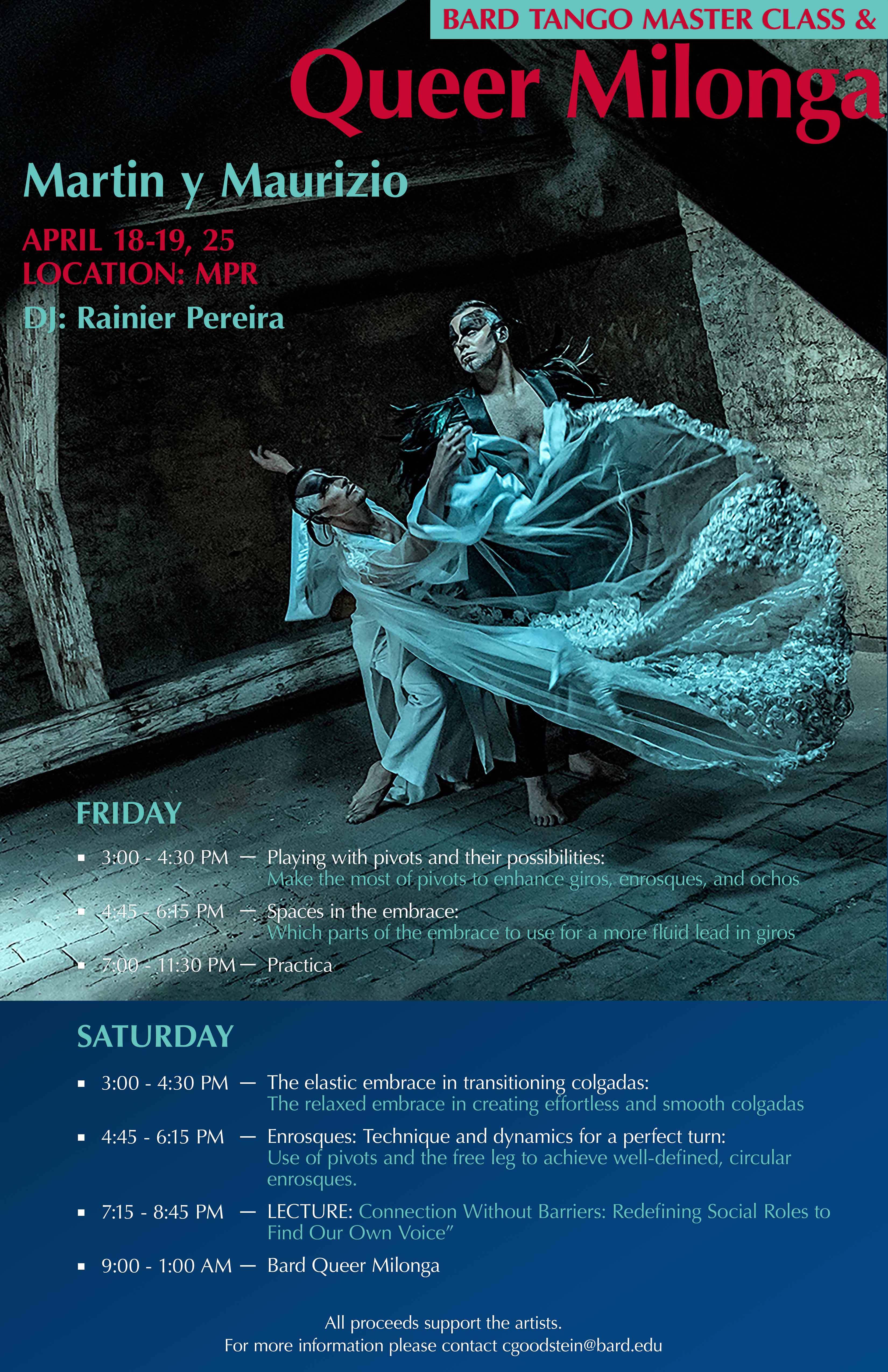 A poster for Queer Milonga featuring two abstract figures dancing.; Bard Tango Master Class and Queer Milonga