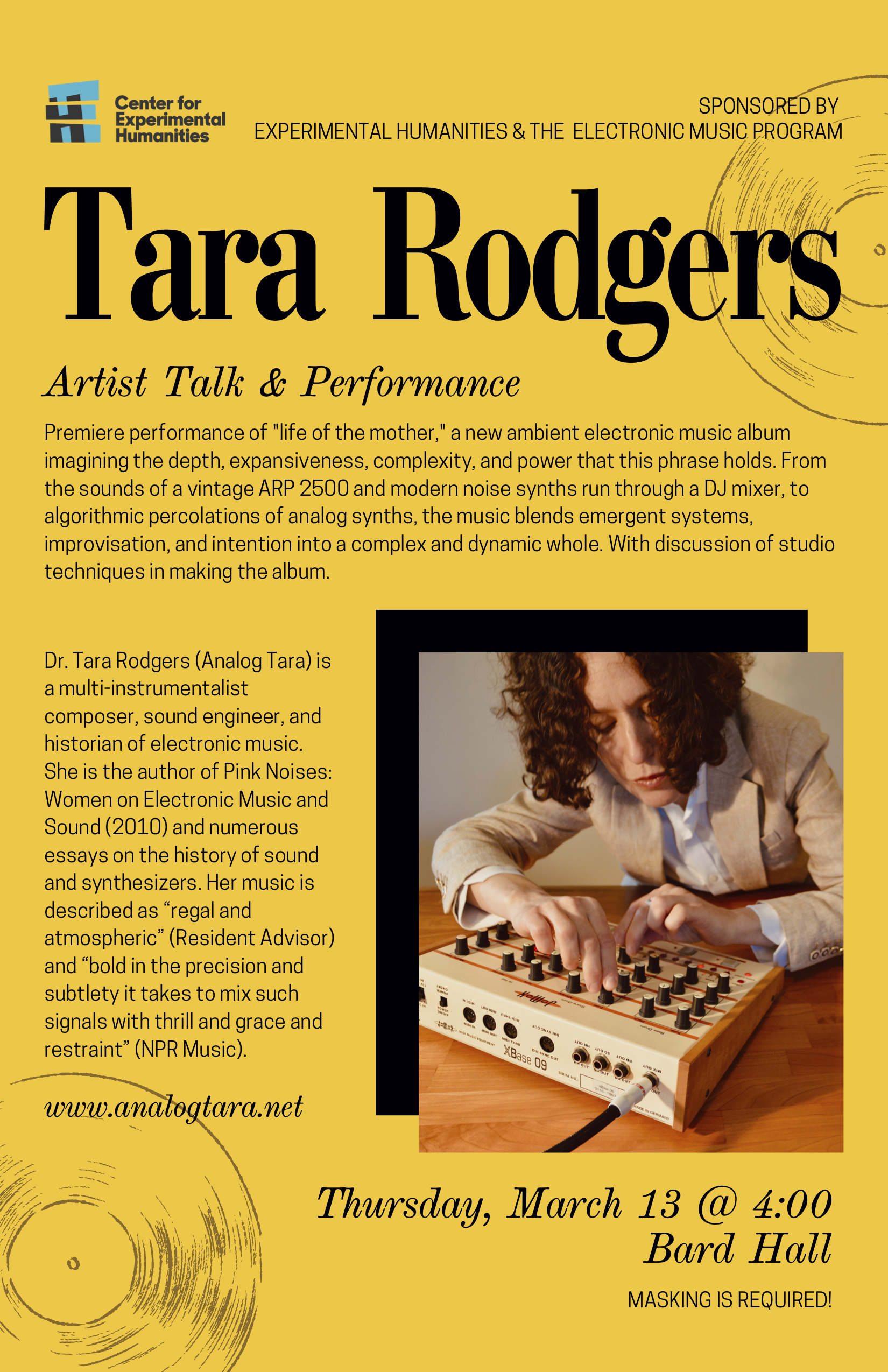 Tara Rodgers Artist Talk flyer, showing a woman with brown hair adjusting a synthesizer.; Tara Rodgers&nbsp;Artist Talk and Performance