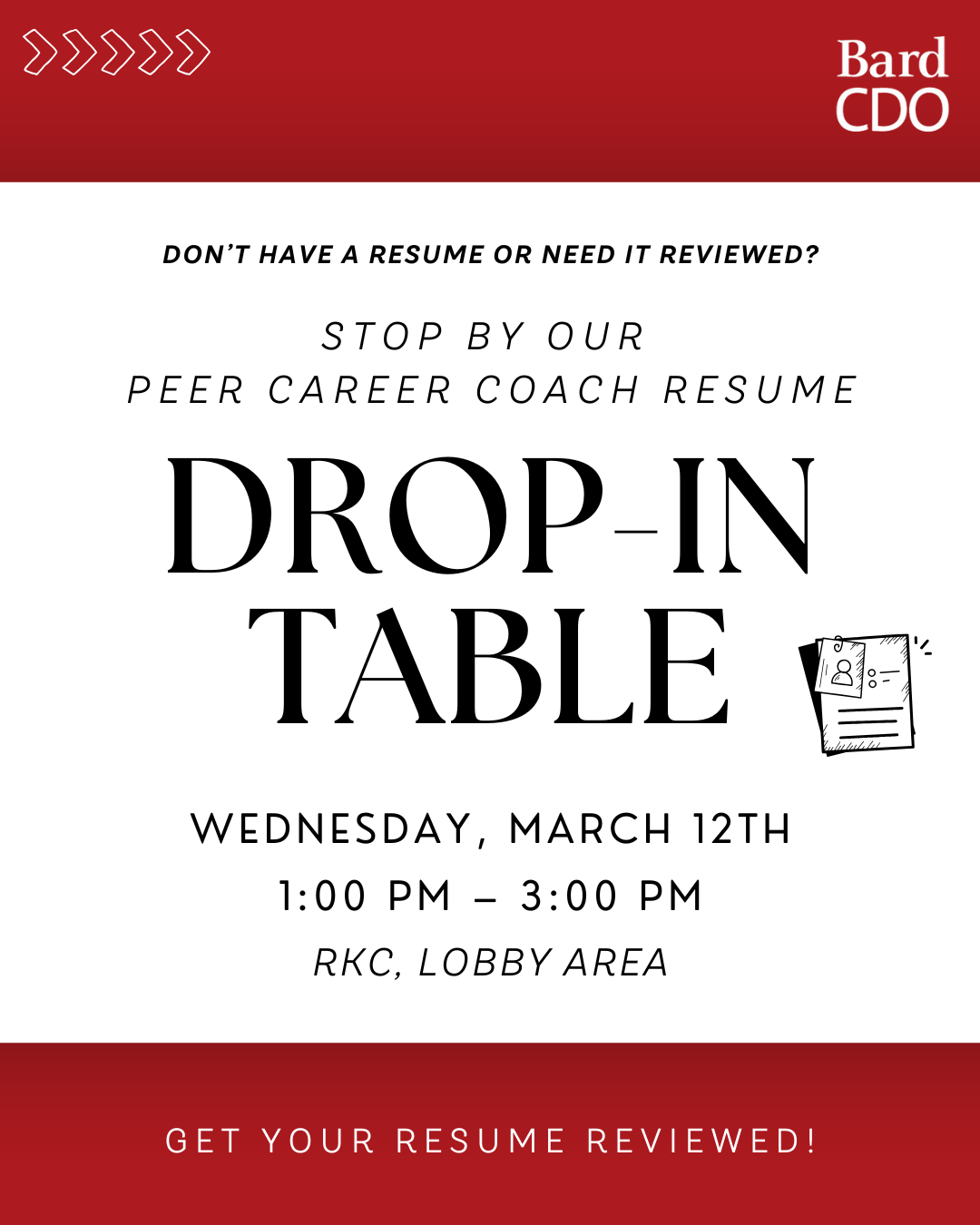 Drop-In table of the Bard Career Development Office.; Resume Drop-In Table