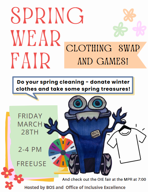 A poster for the event featuring a talking blue trash can with googly eyes.; Springwear Fair