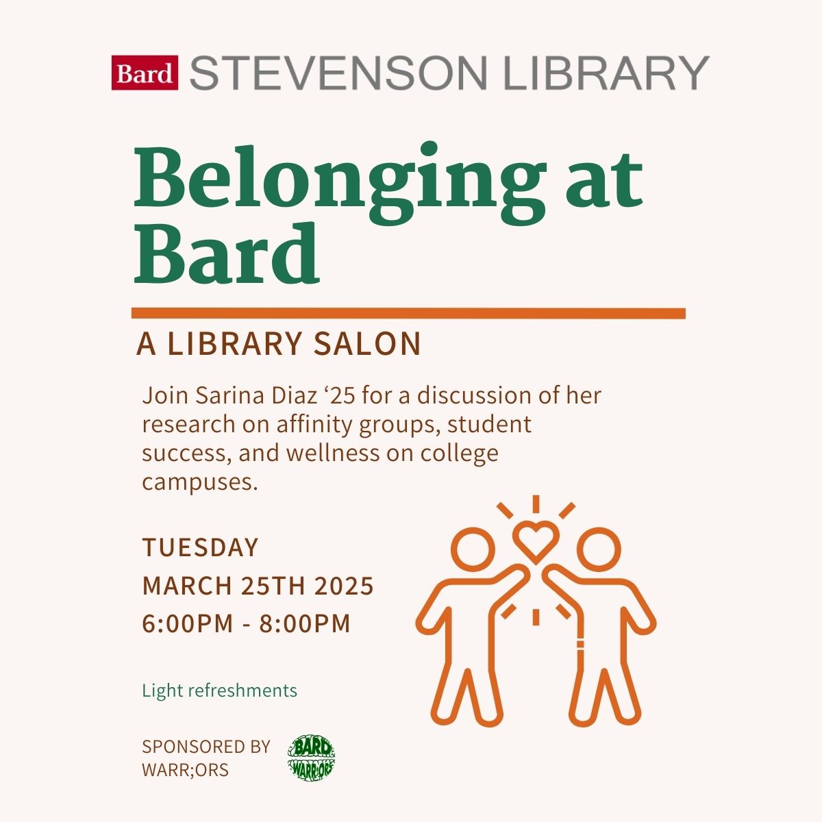 Belonging at Bard flyer showing two stick figures high fiving with a heart.; Belonging at Bard